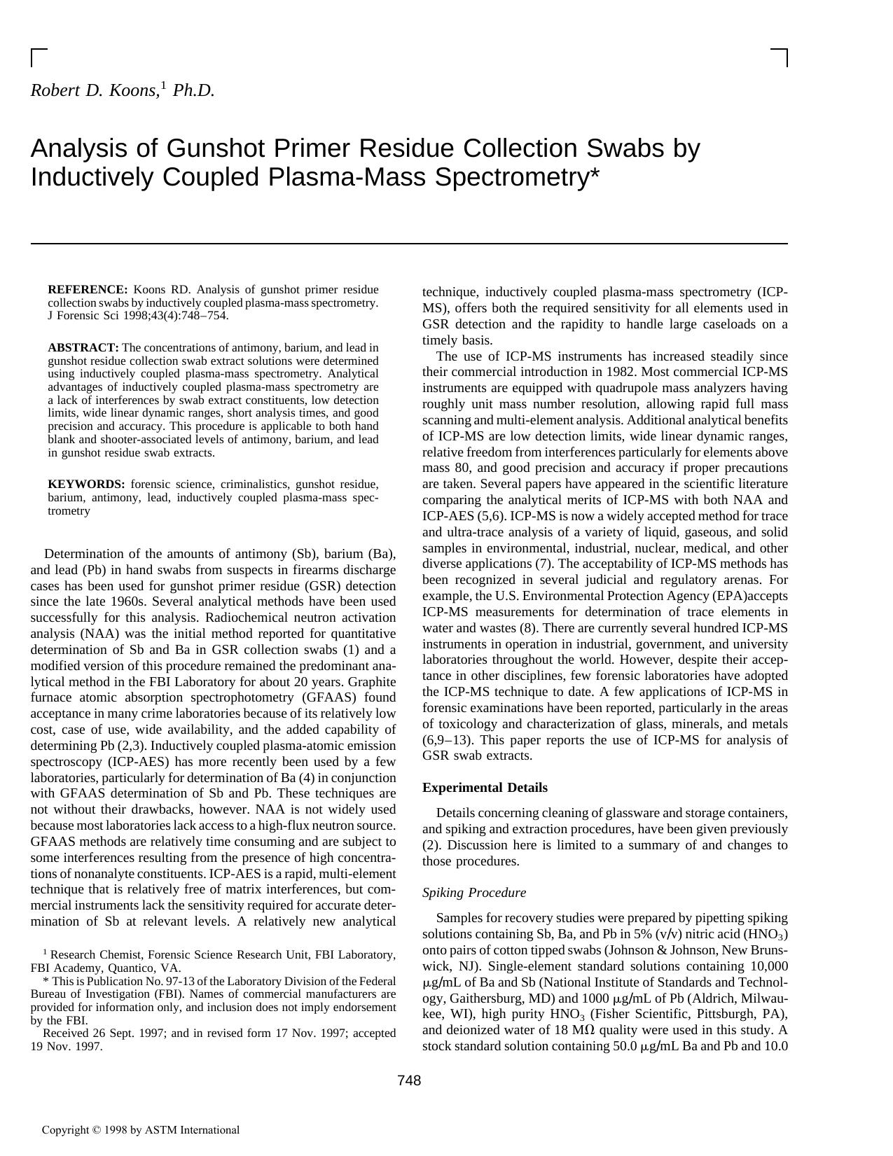 Analysis of gunshot primer residue collection swabs by inductively coupled plasma-mass spectrometry by Koons RD