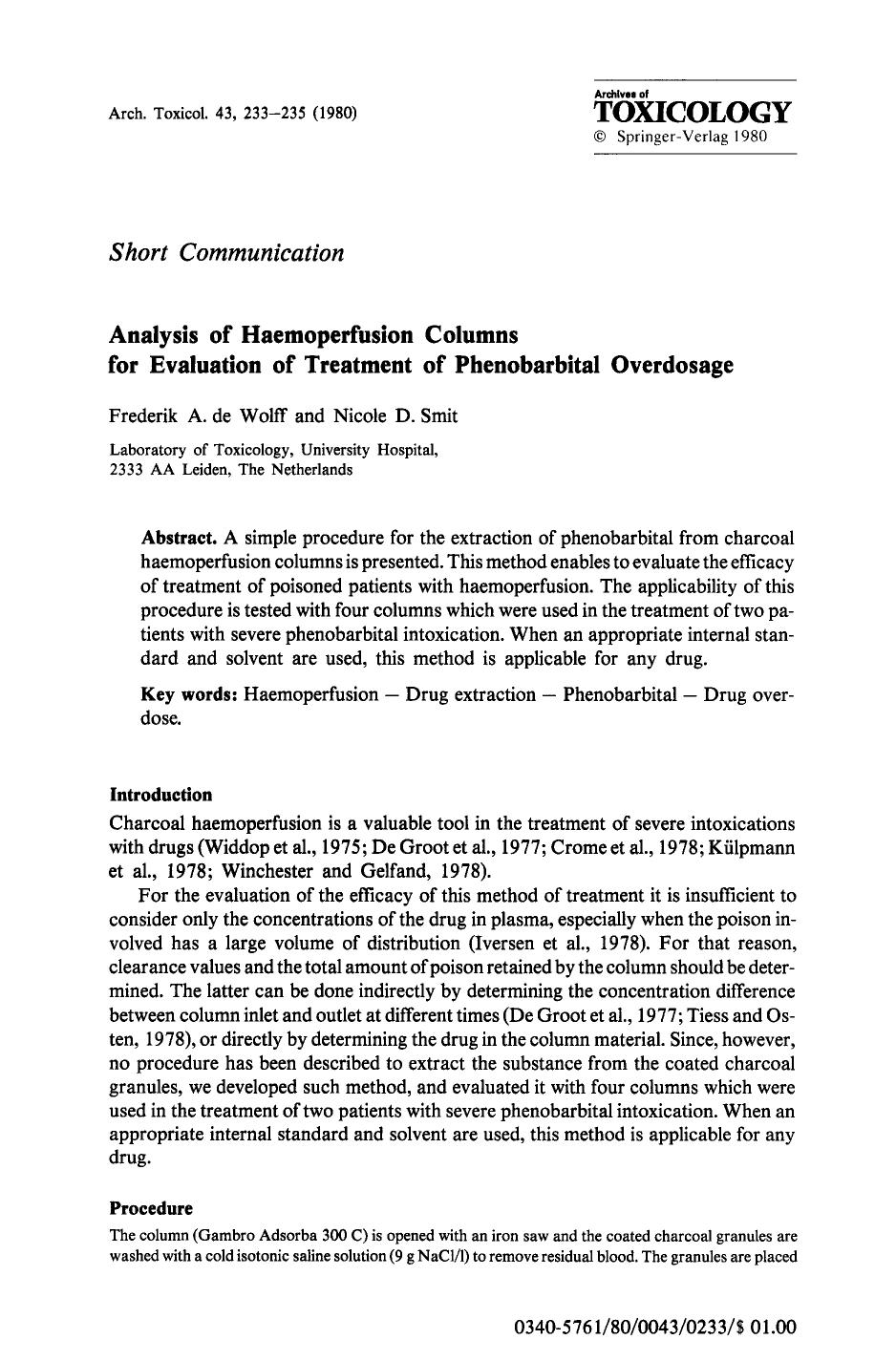 Analysis of haemoperfusion columns for evaluation of treatment of phenobarbital overdosage by Unknown