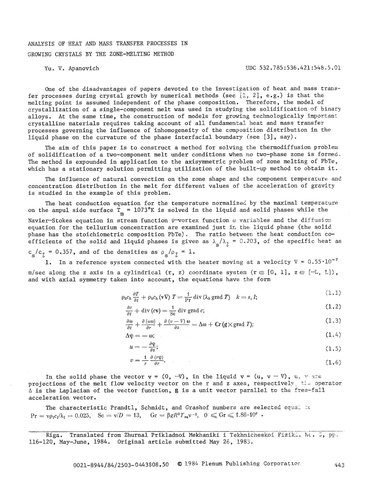 Analysis of heat and mass transfer processes in growing crystals by the zone-melting method by Unknown