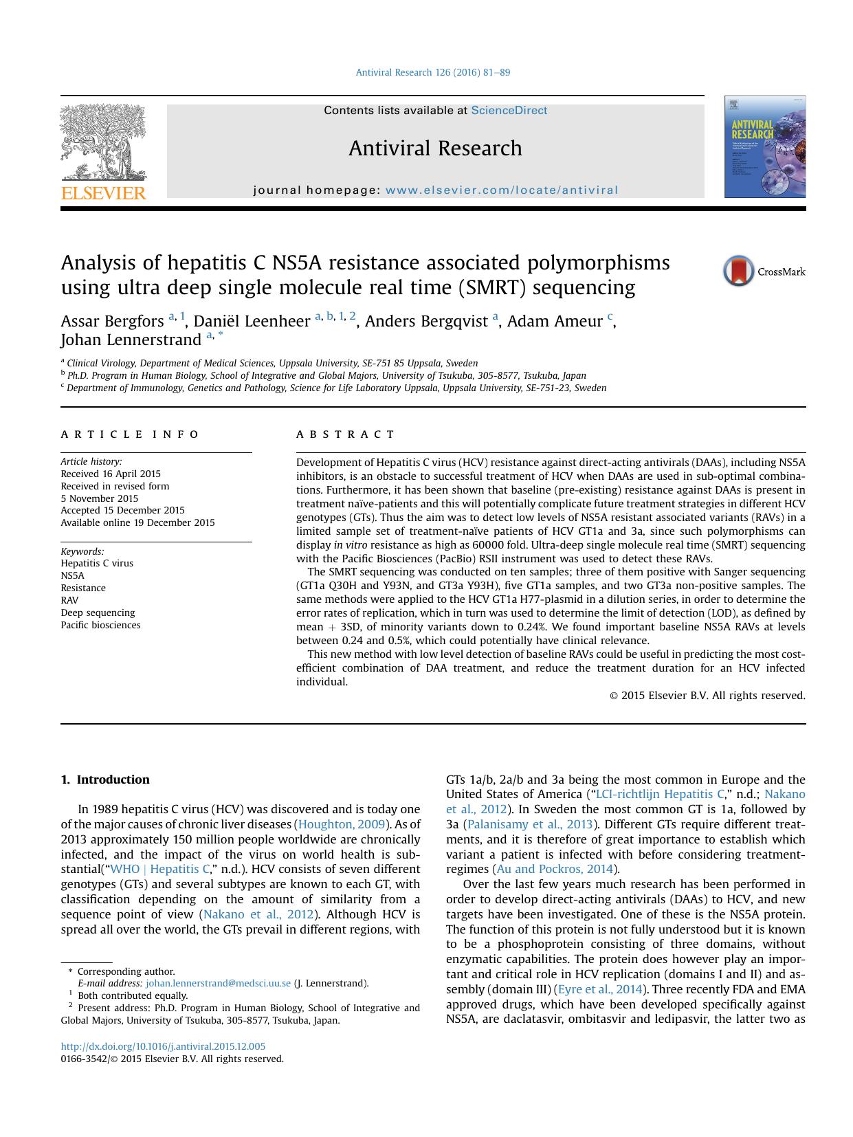 Analysis of hepatitis C NS5A resistance associated polymorphisms using ultra deep single molecule real time (SMRT) sequencing by Assar Bergfors & Daniël Leenheer & Anders Bergqvist & Adam Ameur & Johan Lennerstrand
