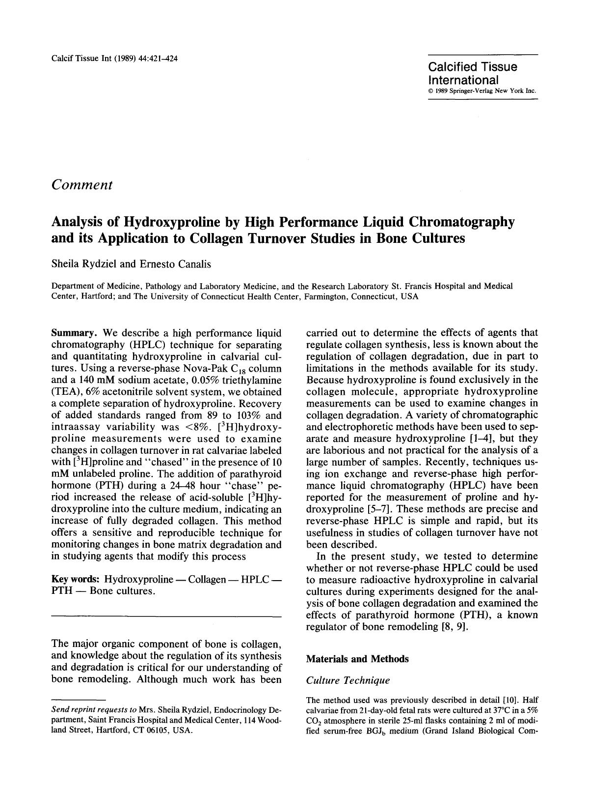 Analysis of hydroxyproline by high performance liquid chromatography and its application to collagen turnover studies in bone cultures by Unknown
