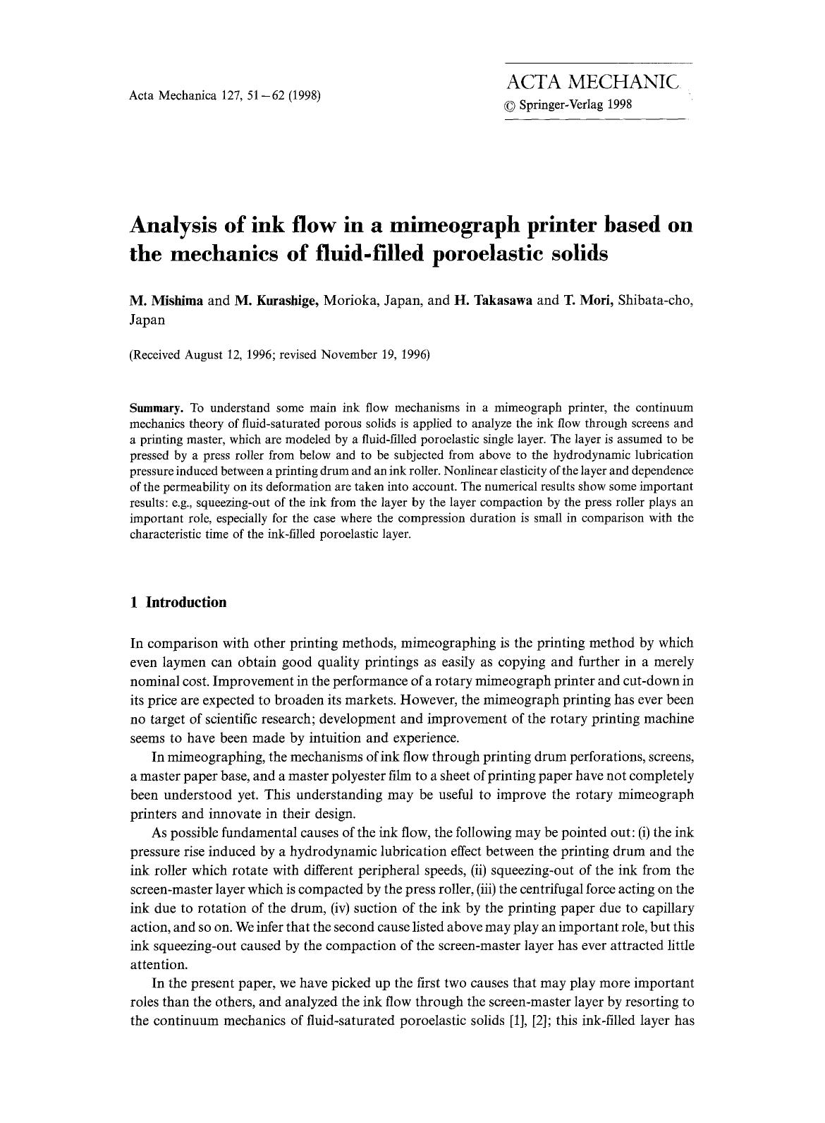 Analysis of ink flow in a mimeograph printer based on the mechanics of fluid-filled poroelastic solids by Unknown