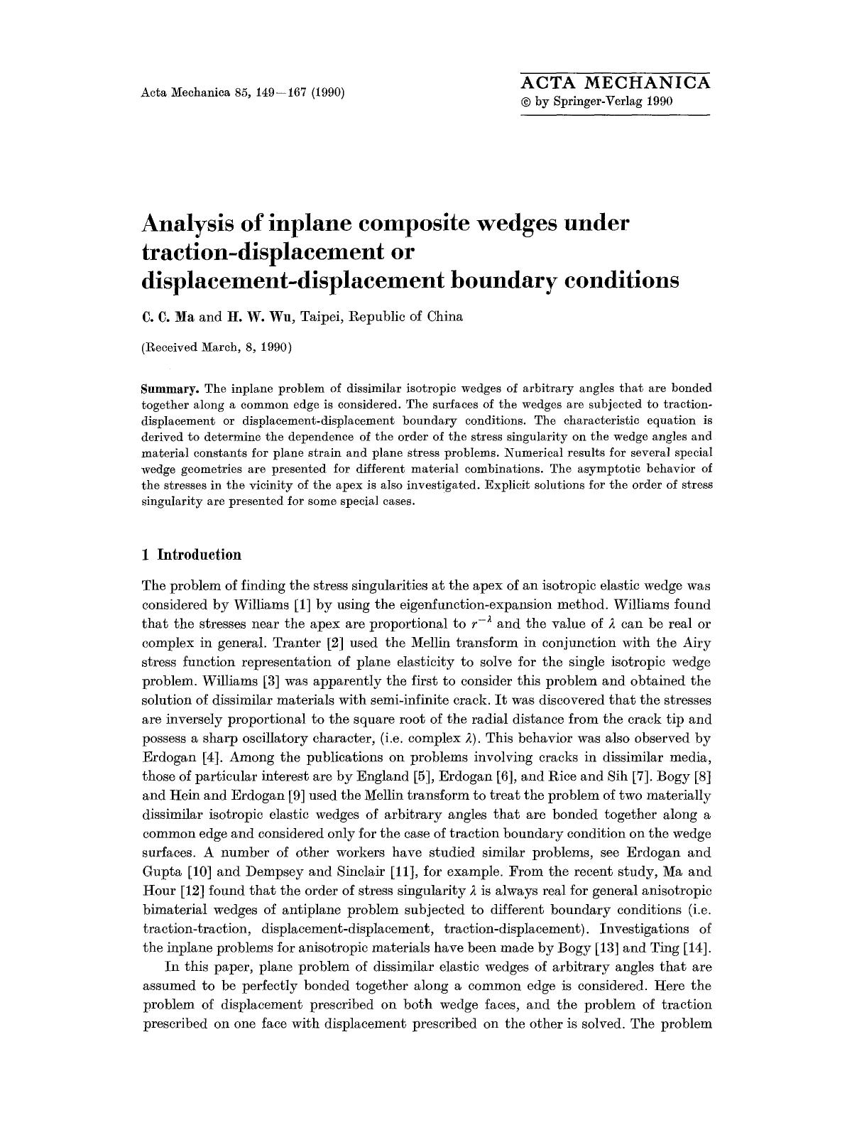 Analysis of inplane composite wedges under traction-displacement or displacement-displacement boundary conditions by Unknown