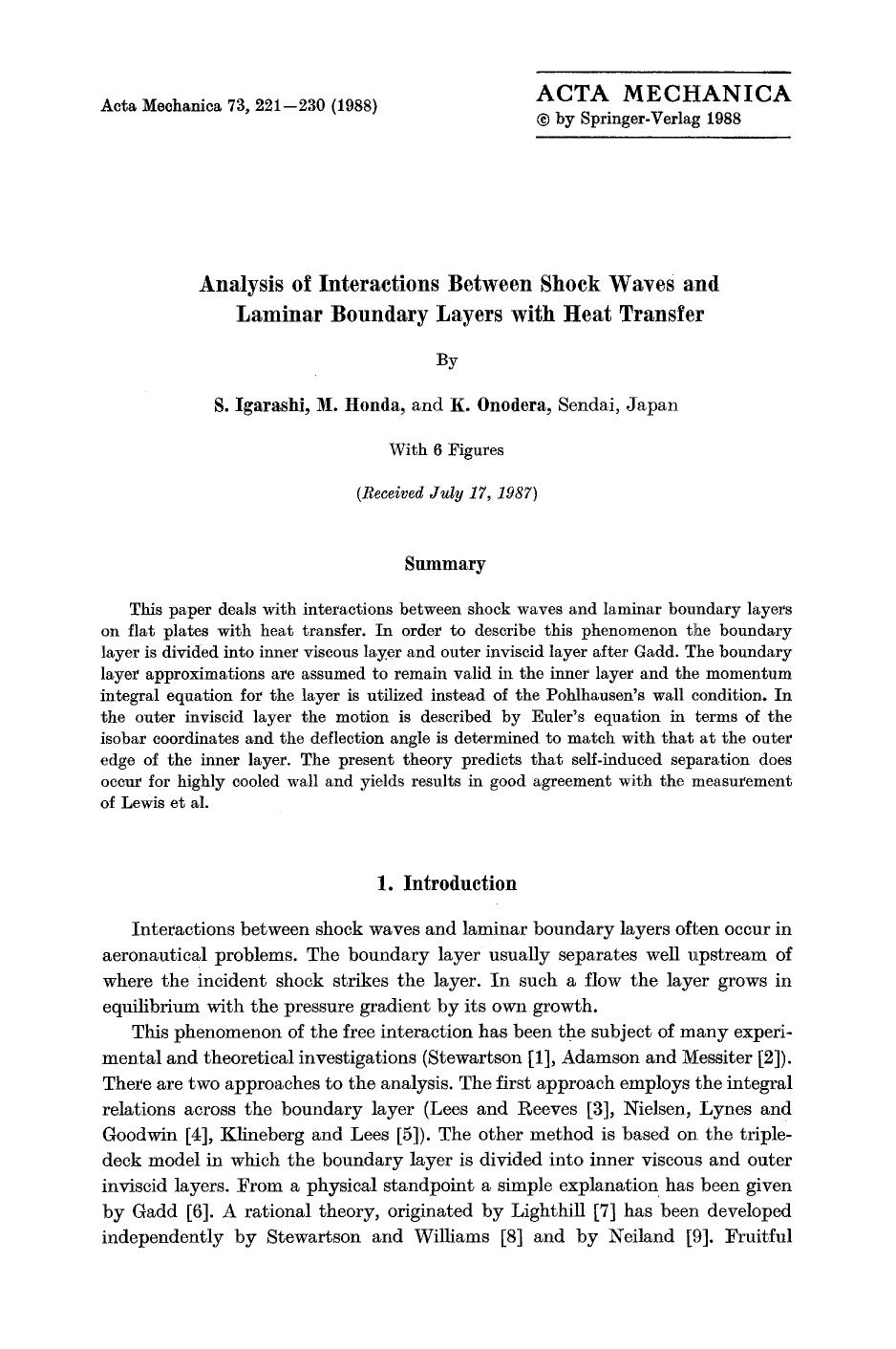 Analysis of interactions between shock waves and laminar boundary layers with heat transfer by Unknown