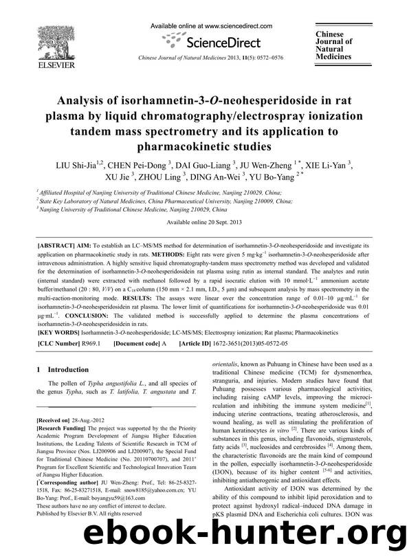 Analysis of isorhamnetin-3-O-neohesperidoside in rat plasma by liquid chromatographyelectrospray ionization tandem mass spectrometry and its application to pharmacokinetic studies by unknow