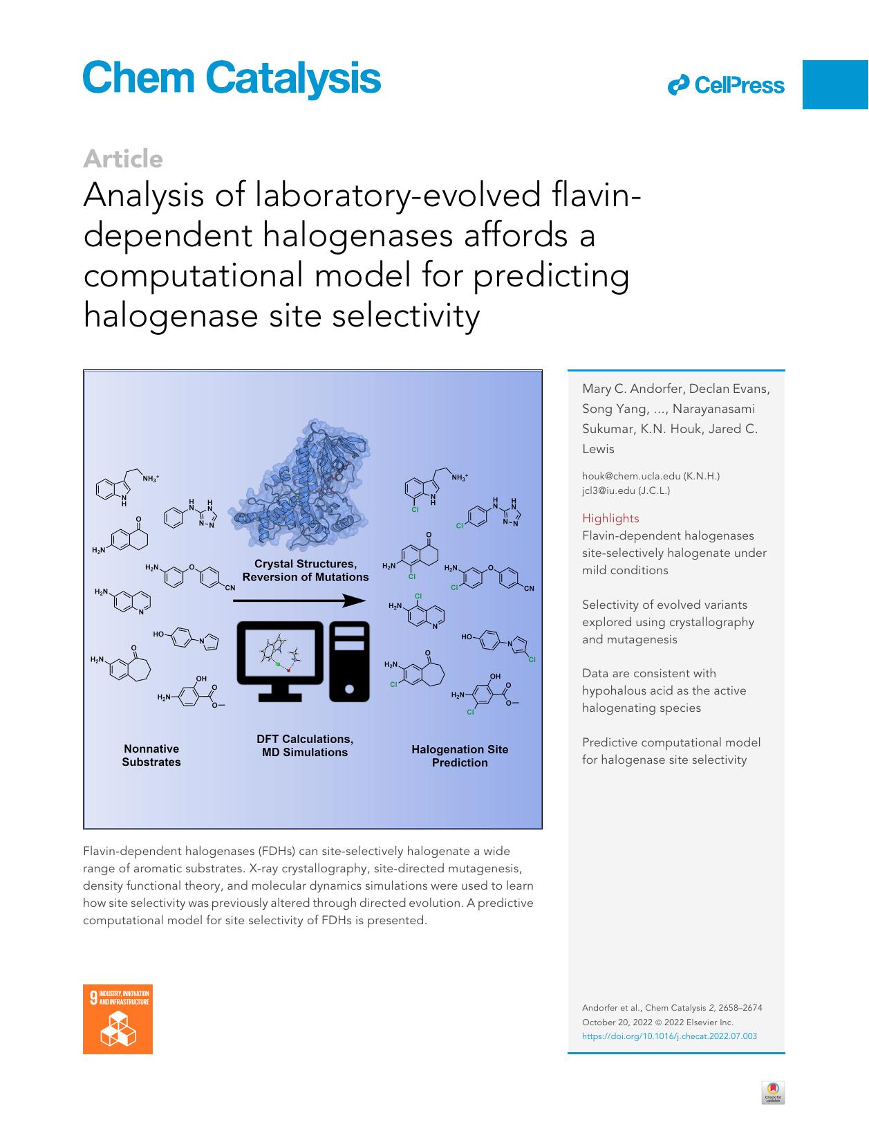 Analysis of laboratory-evolved flavin-dependent halogenases affords a computational model for predicting halogenase site selectivity by Mary C. Andorfer