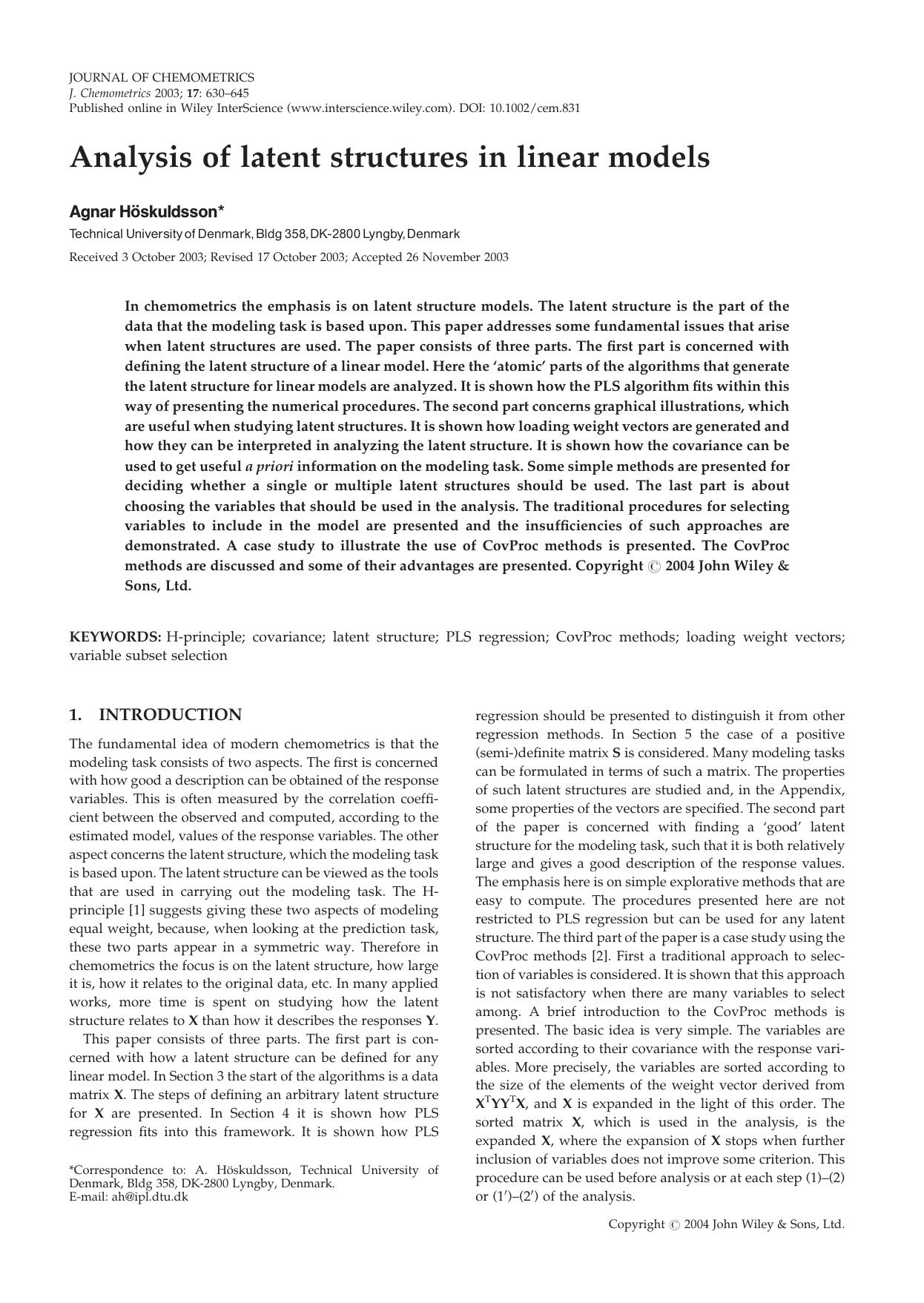 Analysis of latent structures in linear models by Unknown