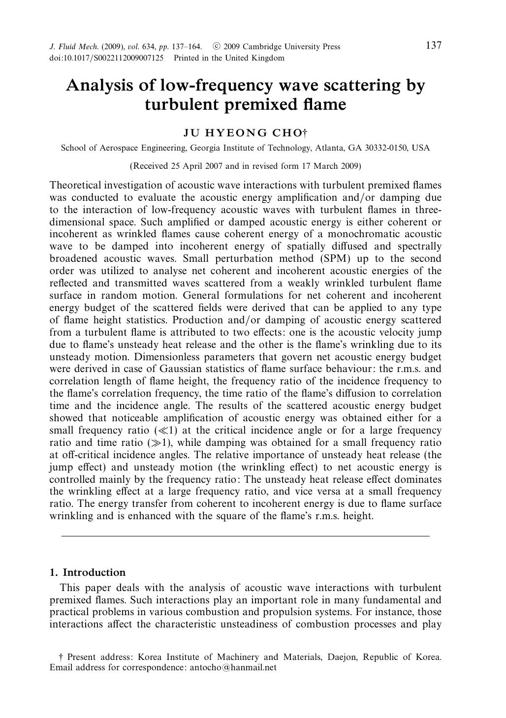 Analysis of low-frequency wave scattering by turbulent premixed flame by JU HYEONG CHO