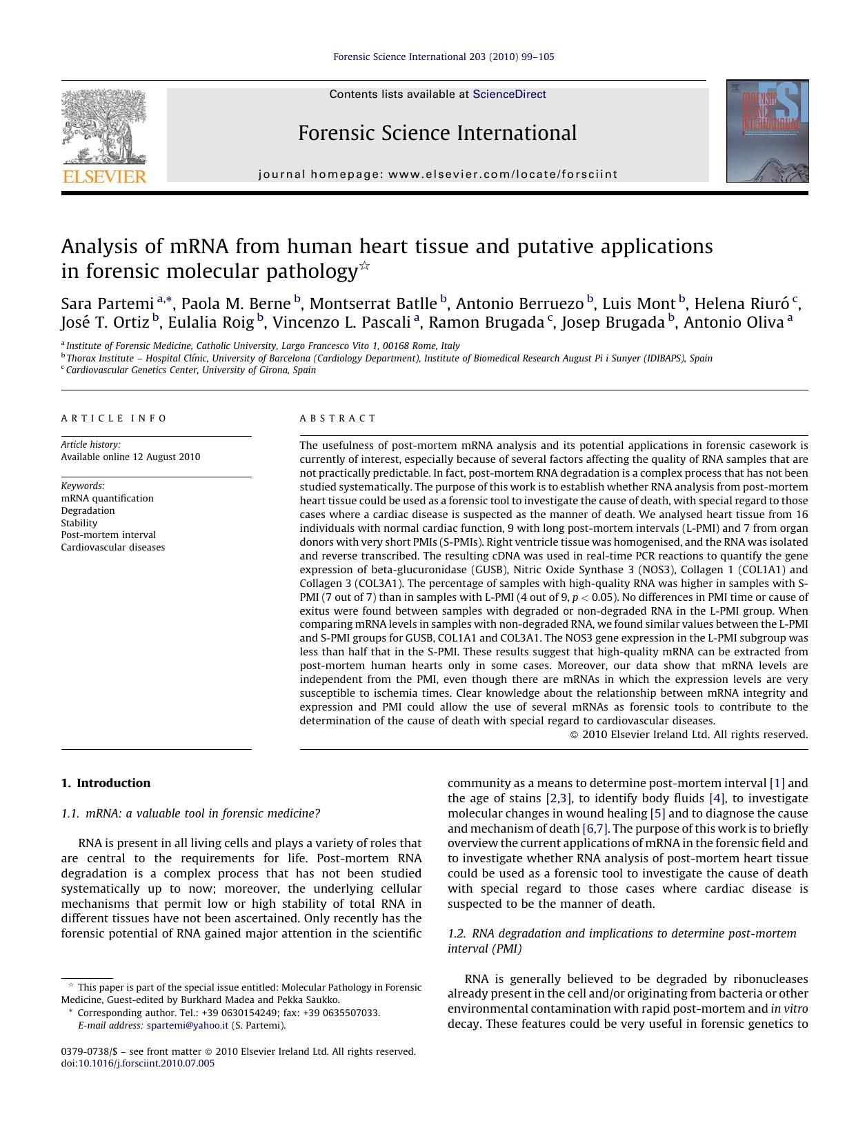 Analysis of mRNA from human heart tissue and putative applications in forensic molecular pathology by Sara Partemi