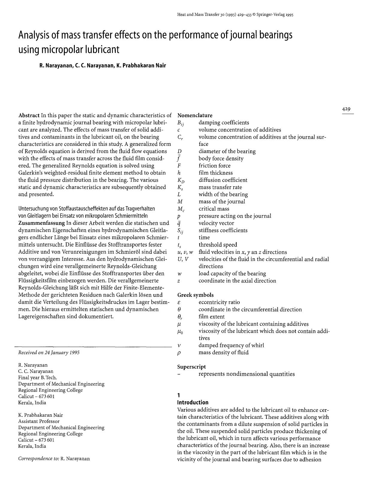 Analysis of mass transfer effects on the performance of journal bearings using micropolar lubricant by Unknown