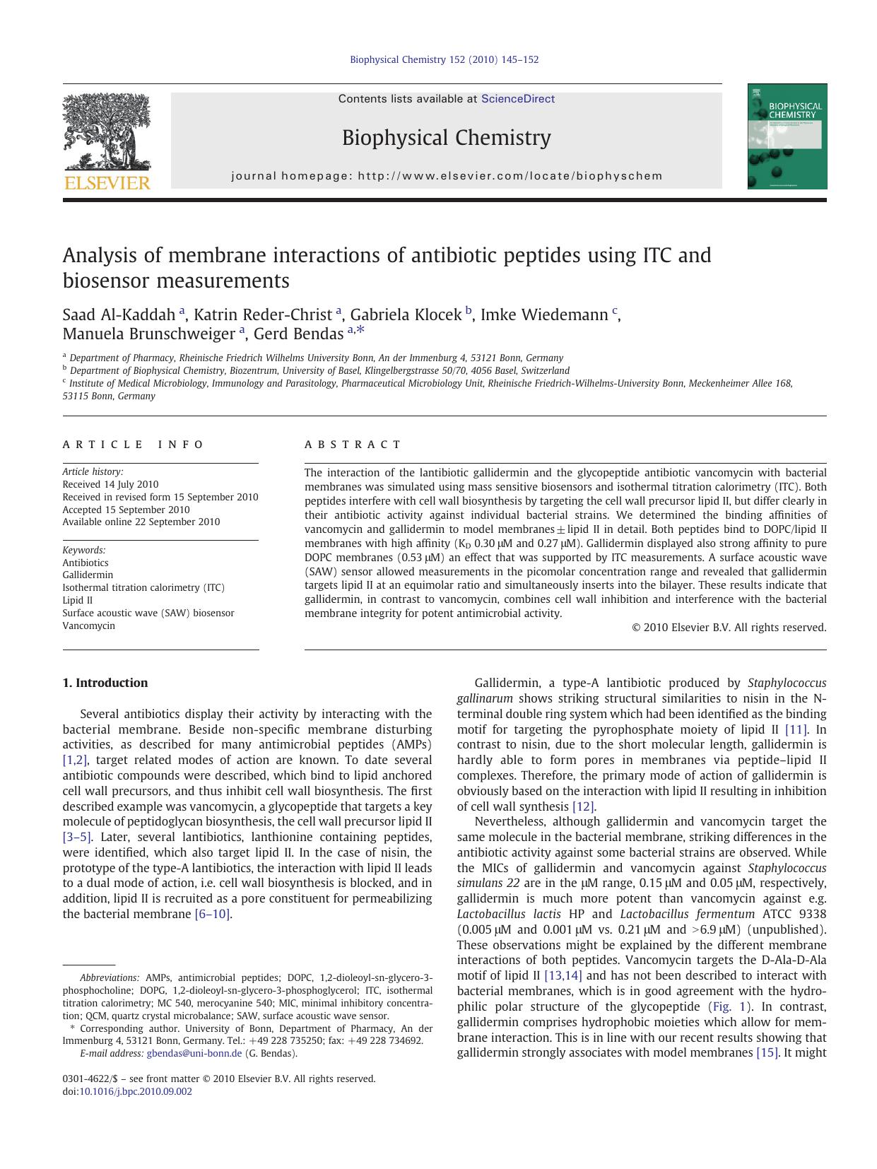 Analysis of membrane interactions of antibiotic peptides using ITC and biosensor measurements by unknow