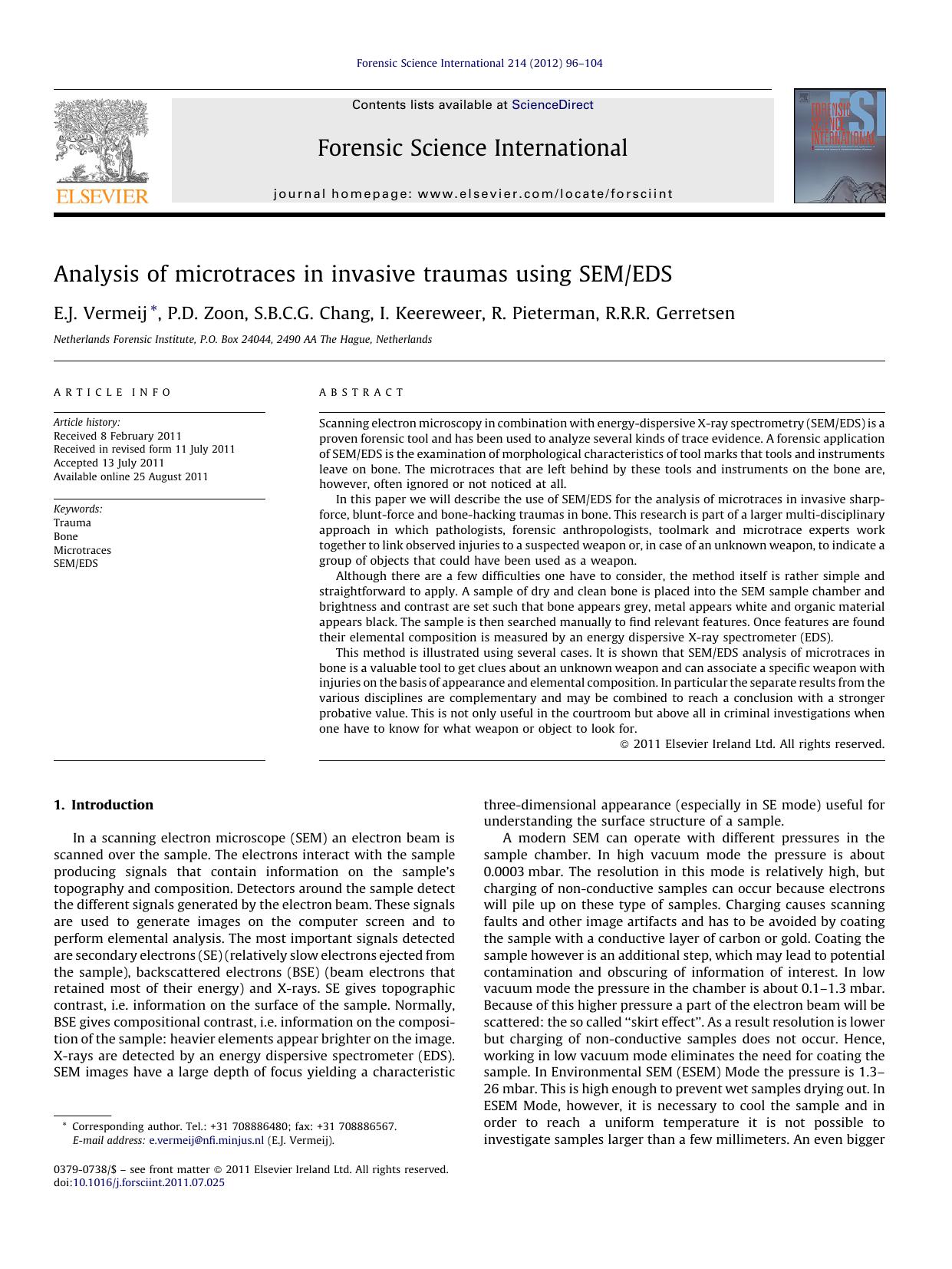 Analysis of microtraces in invasive traumas using SEMEDS by E.J. Vermeij
