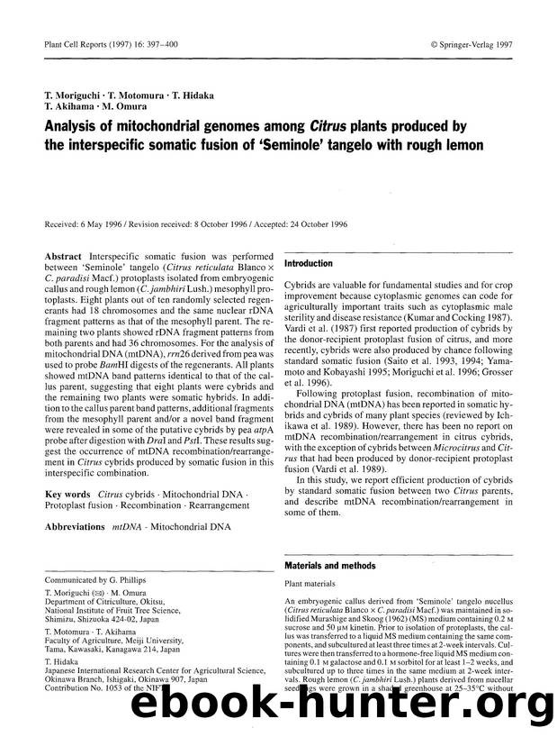 Analysis of mitochondrial genomes among <Emphasis Type="Italic">Citrus <Emphasis> plants produced by the interspecific somatic fusion of &#x2018;Seminole&#x2019; tangelo with rough lemon by Unknown