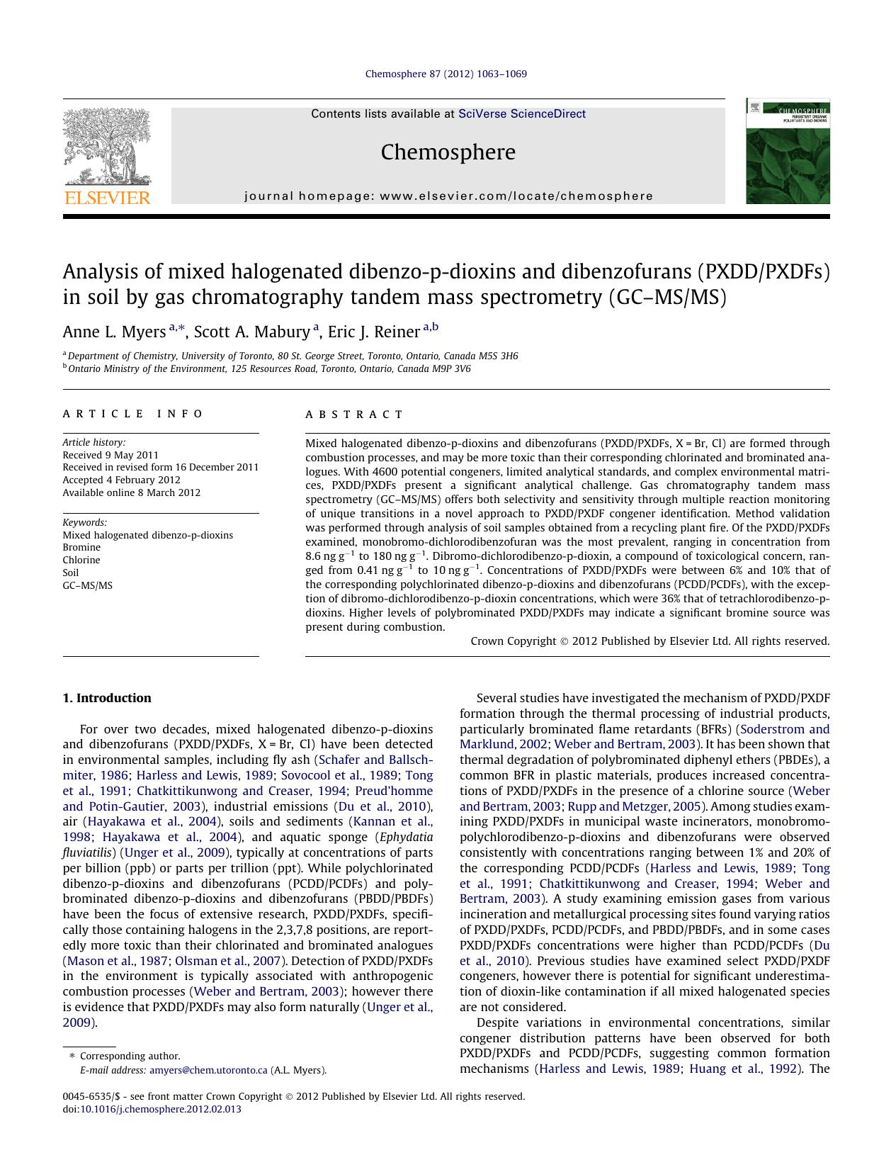 Analysis of mixed halogenated dibenzo-p-dioxins and dibenzofurans (PXDDPXDFs) in soil by gas chromatography tandem mass spectrometry (GCÃ¢â¬âMSMS) by Anne L. Myers & Scott A. Mabury & Eric J. Reiner