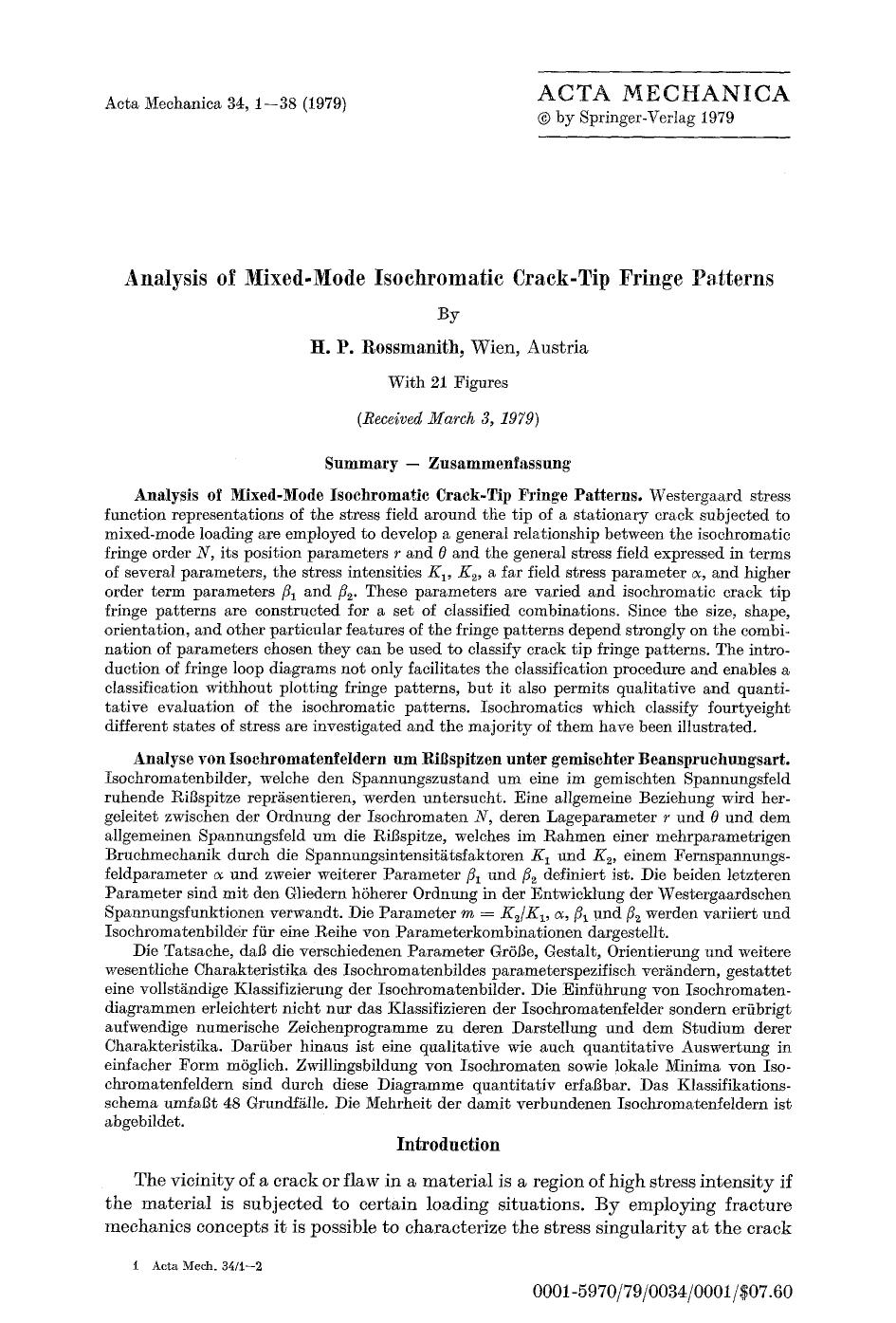 Analysis of mixed-mode isochromatic crack-tip fringe patterns by Unknown