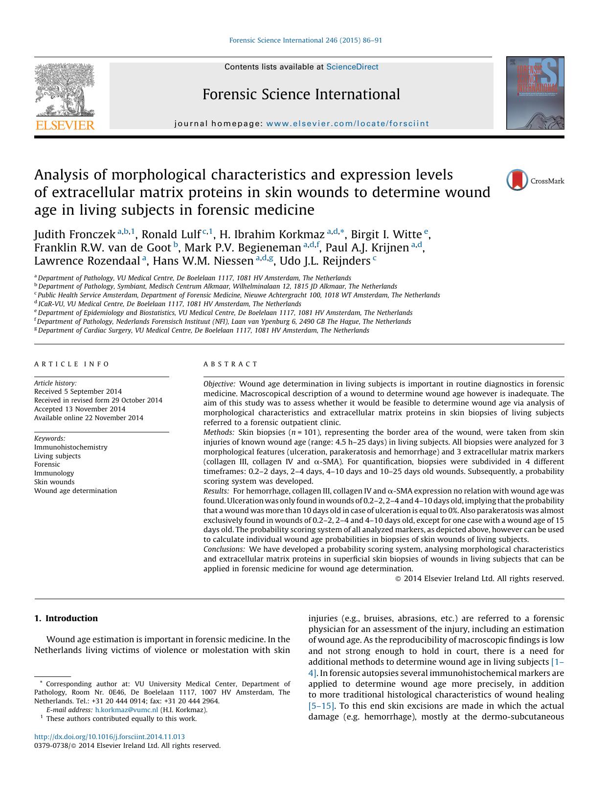 Analysis of morphological characteristics and expression levels of extracellular matrix proteins in skin wounds to determine wound age in living subjects in forensic medicine by unknow