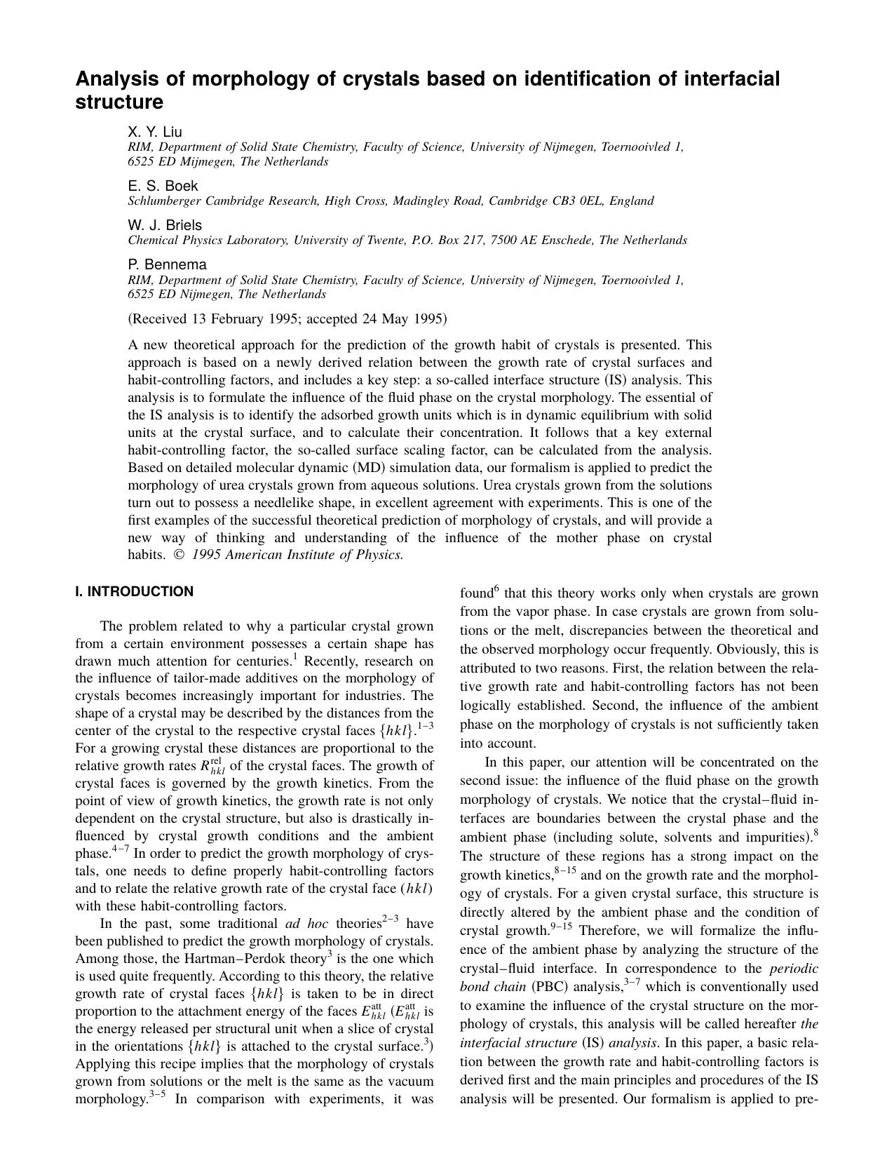 Analysis of morphology of crystals based on identification of interfacial structure by X. Y. Liu & E. S. Boek & W. J. Briels & P. Bennema
