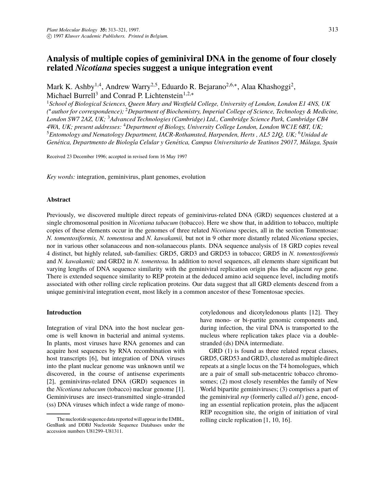 Analysis of multiple copies of geminiviral DNA in the genome of four closely related Nicotiana species suggest a unique integration event by Unknown
