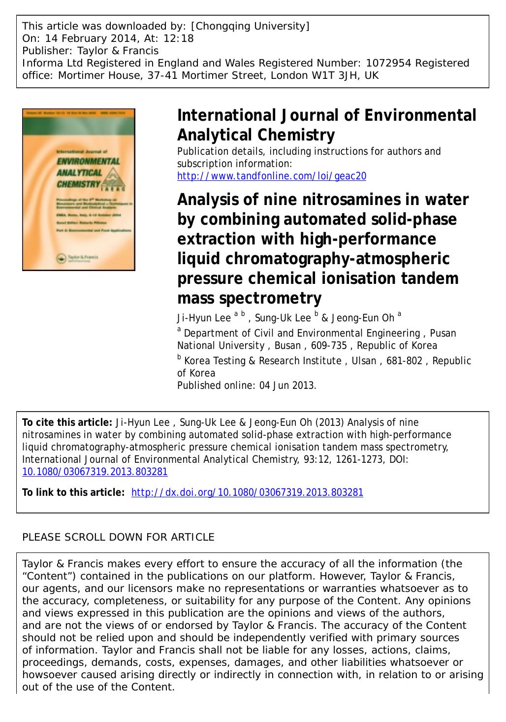 Analysis of nine nitrosamines in water by combining automated solid-phase extraction with high-performance liquid chromatography-atmospheric pressure chemical ionisation tandem mass spectrometry by Ji-Hyun Lee & Sung-Uk Lee & Jeong-Eun Oh