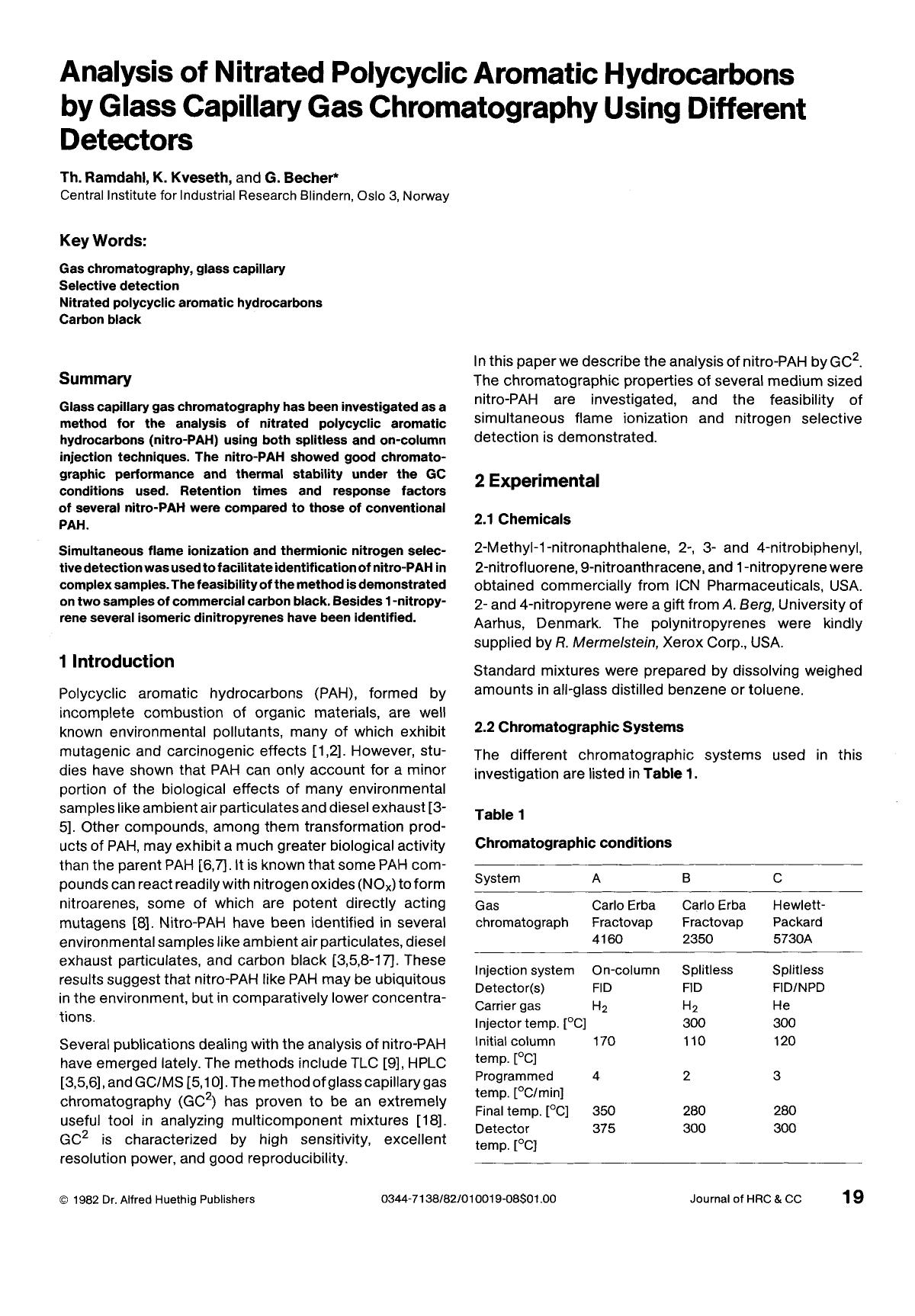 Analysis of nitrated polycyclic aromatic hydrocarbons by glass capillary gas chromatography using different detectors by Unknown