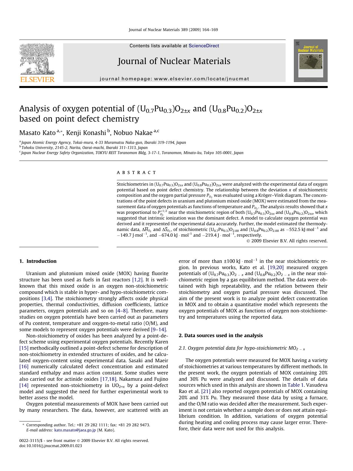 Analysis of oxygen potential of (U0.7Pu0.3)O2Â±x and (U0.8Pu0.2)O2Â±x based on point defect chemistry by Masato Kato; Kenji Konashi; Nobuo Nakae