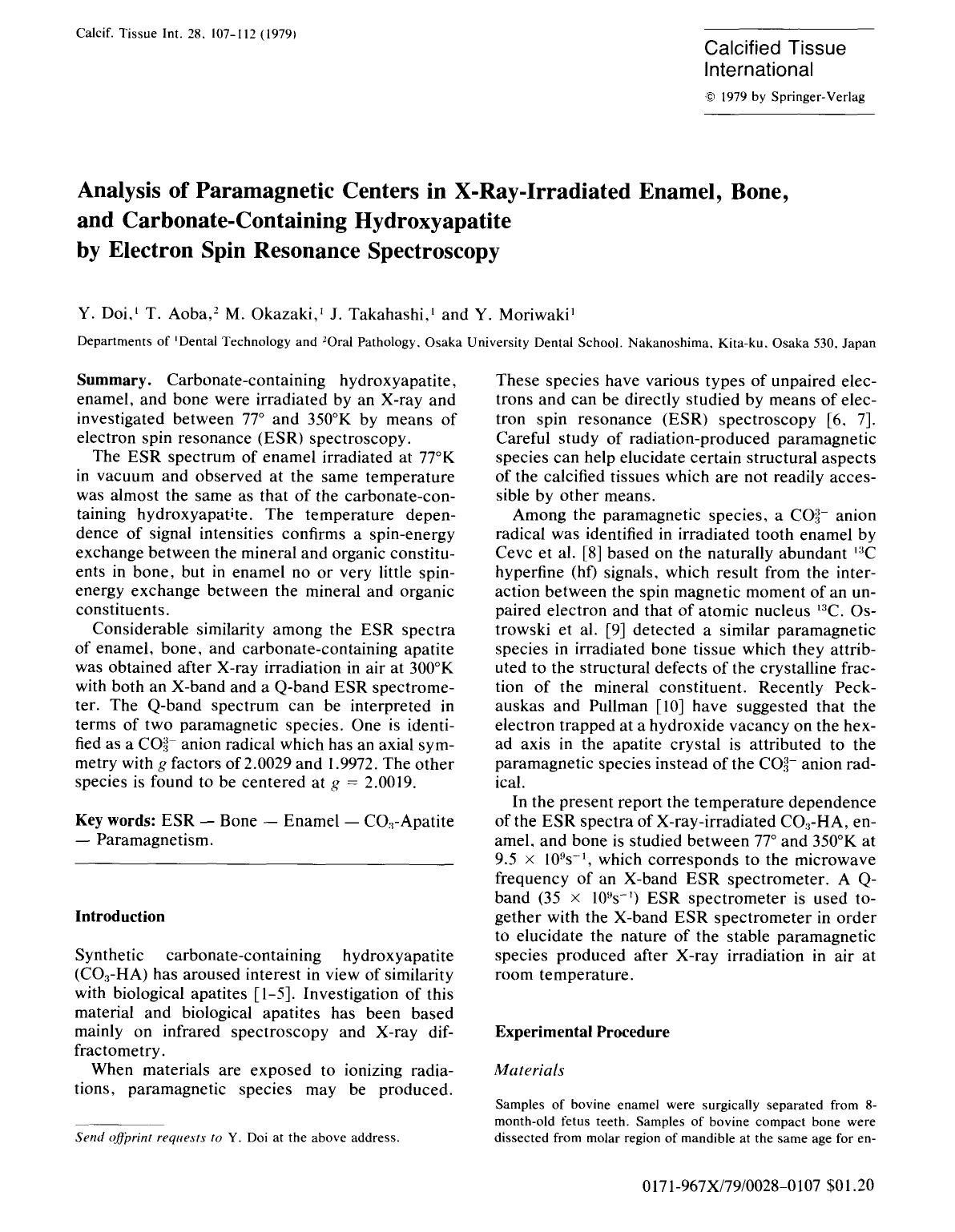 Analysis of paramagnetic centers in X-ray-irradiated enamel, bone, and carbonate-containing hydroxyapatite by electron spin resonance spectroscopy by Unknown