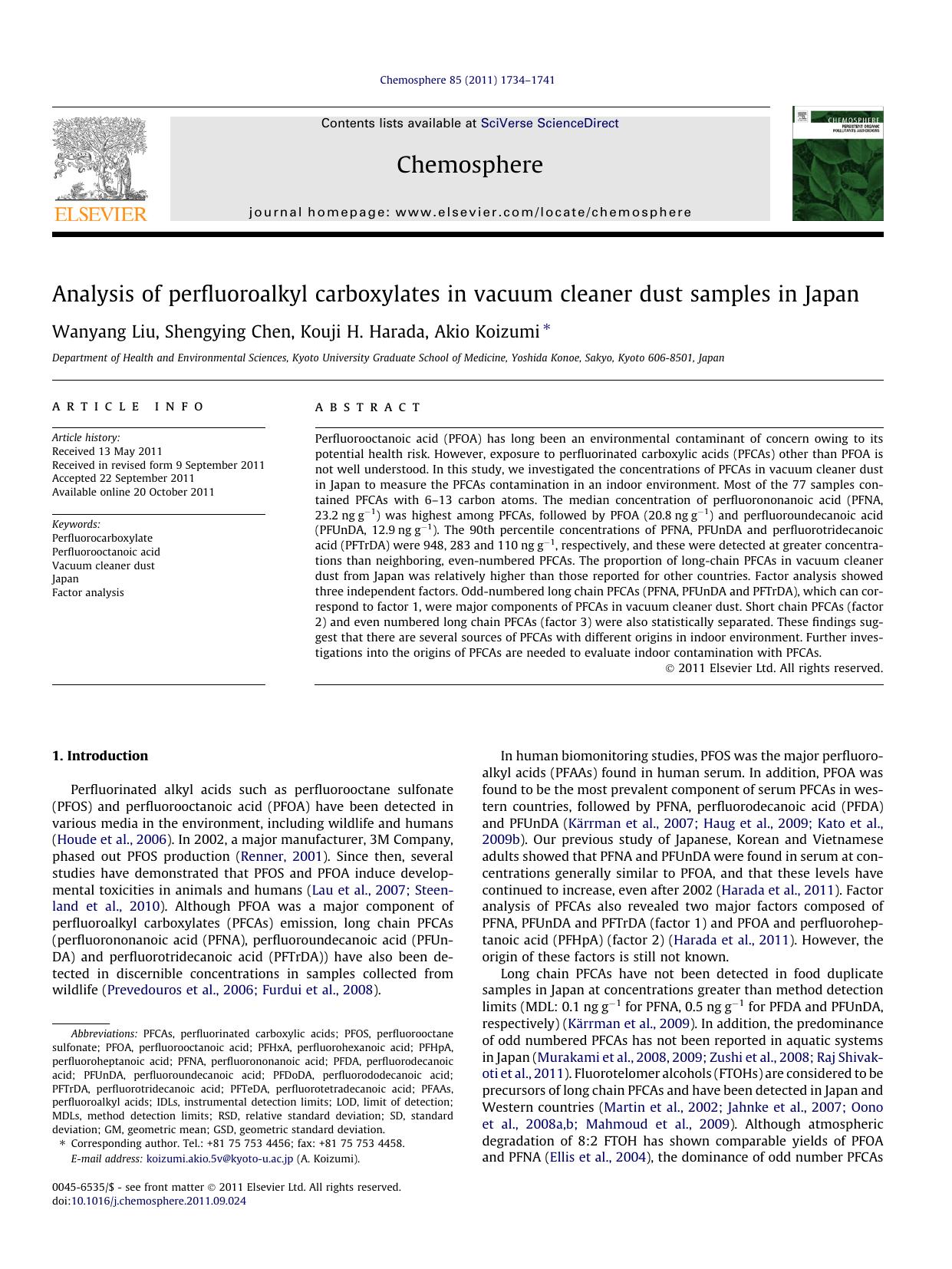 Analysis of perfluoroalkyl carboxylates in vacuum cleaner dust samples in Japan by Wanyang Liu & Shengying Chen & Kouji H. Harada & Akio Koizumi