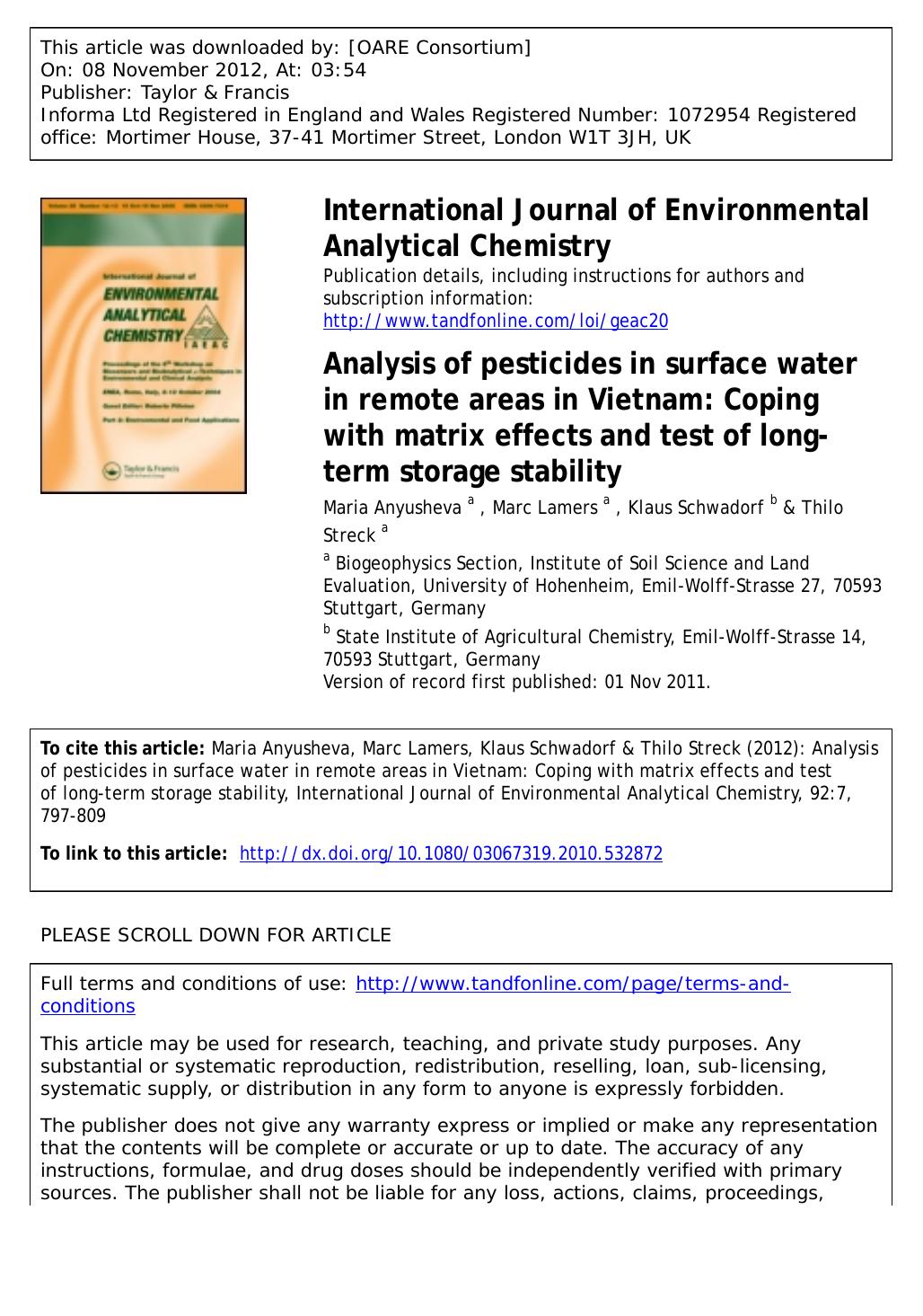 Analysis of pesticides in surface water in remote areas in Vietnam: Coping with matrix effects and test of long-term storage stability by Maria Anyusheva Marc Lamers Klaus Schwadorf & Thilo Streck