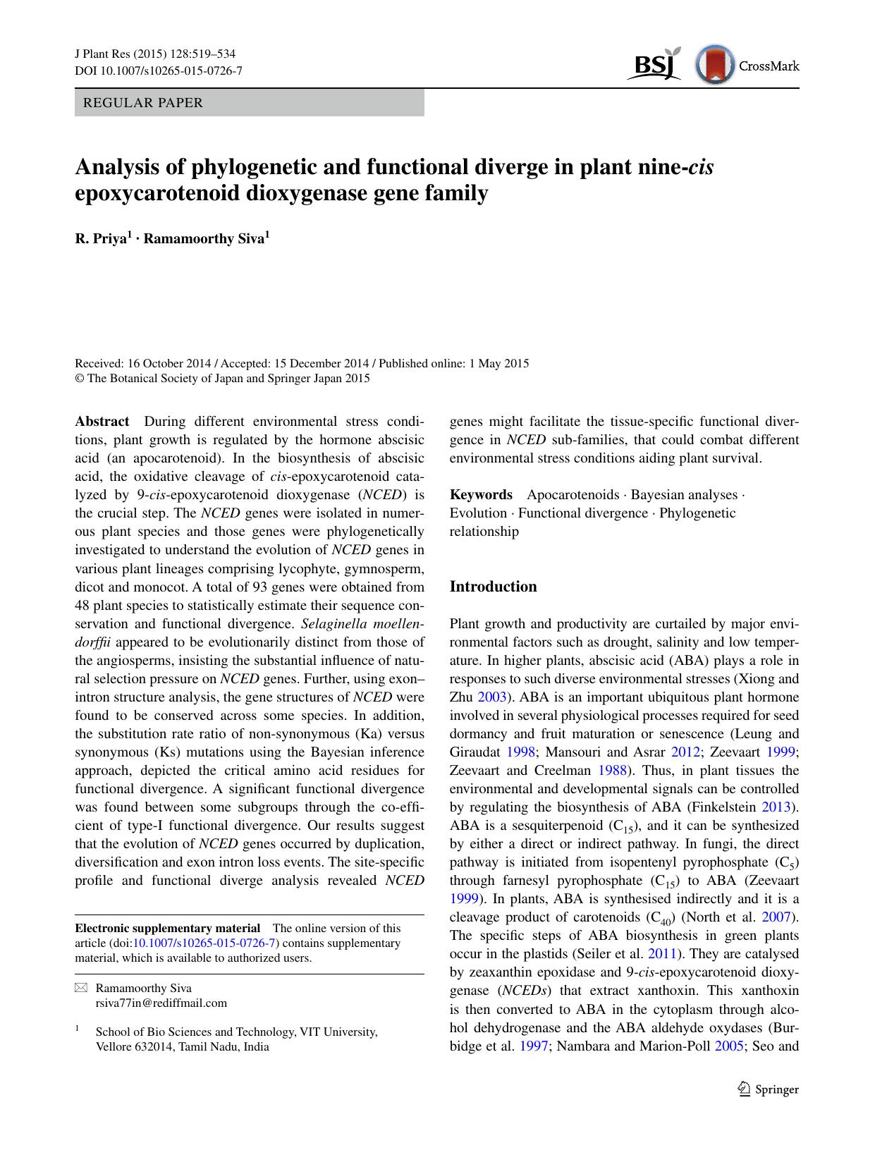 Analysis of phylogenetic and functional diverge in plant nine-cis epoxycarotenoid dioxygenase gene family by R. Priya & Ramamoorthy Siva