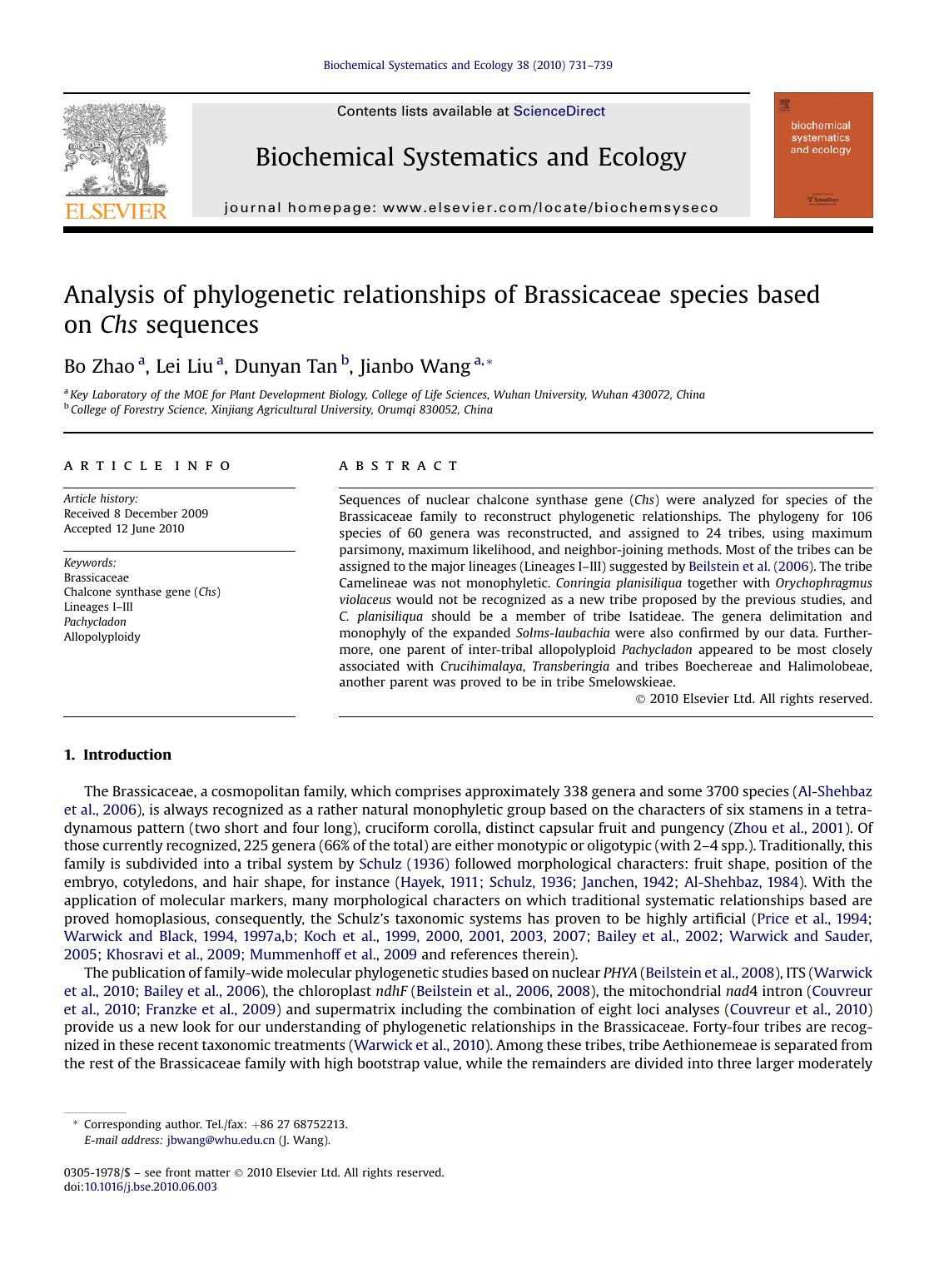 Analysis of phylogenetic relationships of Brassicaceae species based on Chs sequences by Bo Zhao & Lei Liu & Dunyan Tan & Jianbo Wang