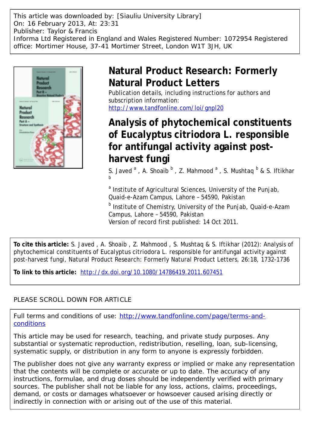 Analysis of phytochemical constituents of Eucalyptus citriodora L. responsible for antifungal activity against post-harvest fungi by S. Javed A. Shoaib Z. Mahmood S. Mushtaq & S. Iftikhar