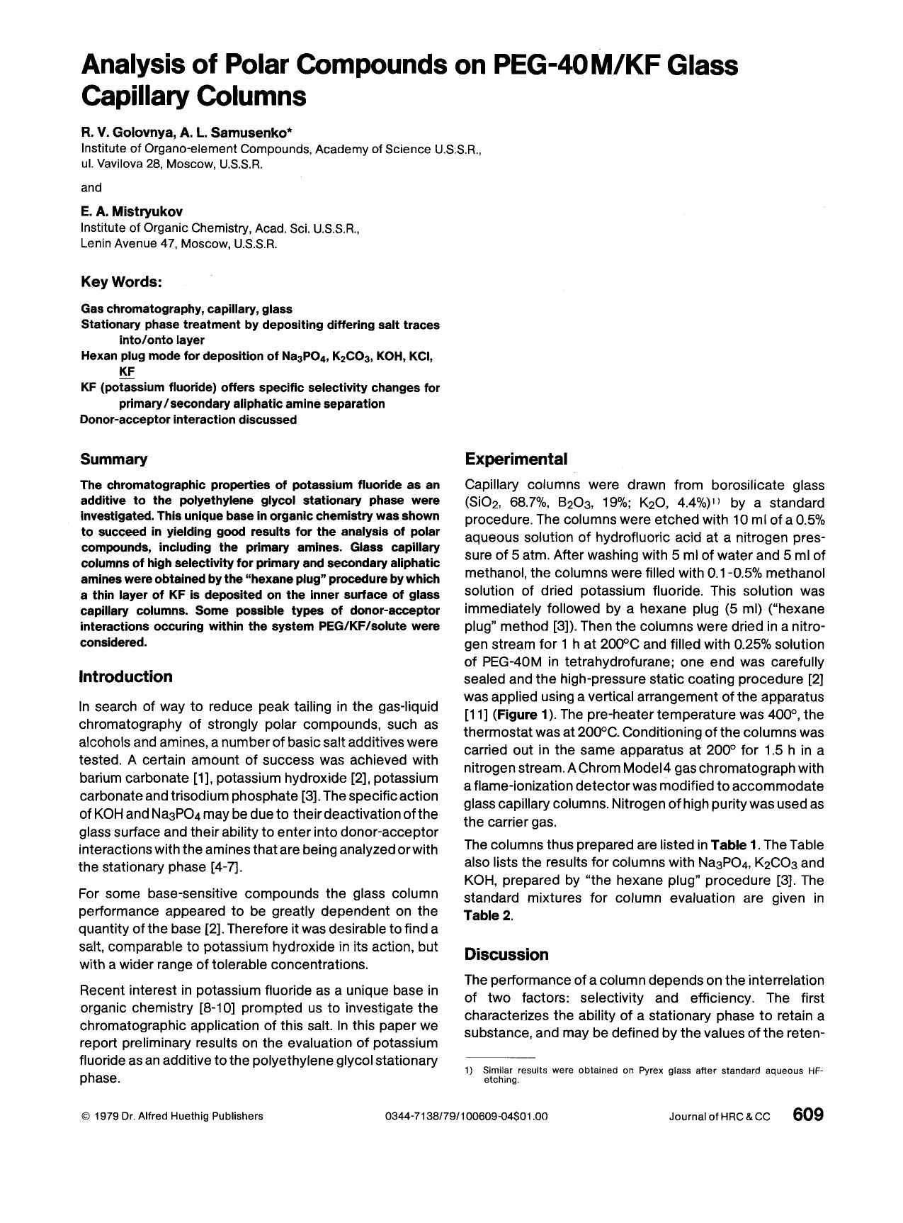 Analysis of polar compounds on PEG-40MKF glass capillary columns by Unknown