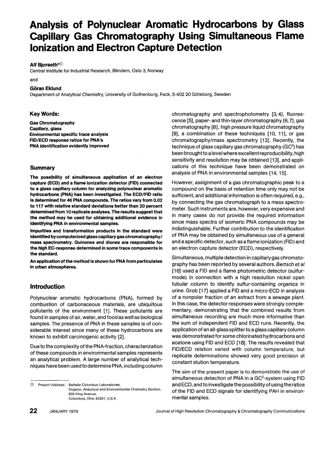 Analysis of polynuclear aromatic hydrocarbons by glass capillary gas chromatography using simultaneous flame ionization and electron capture detection by Unknown