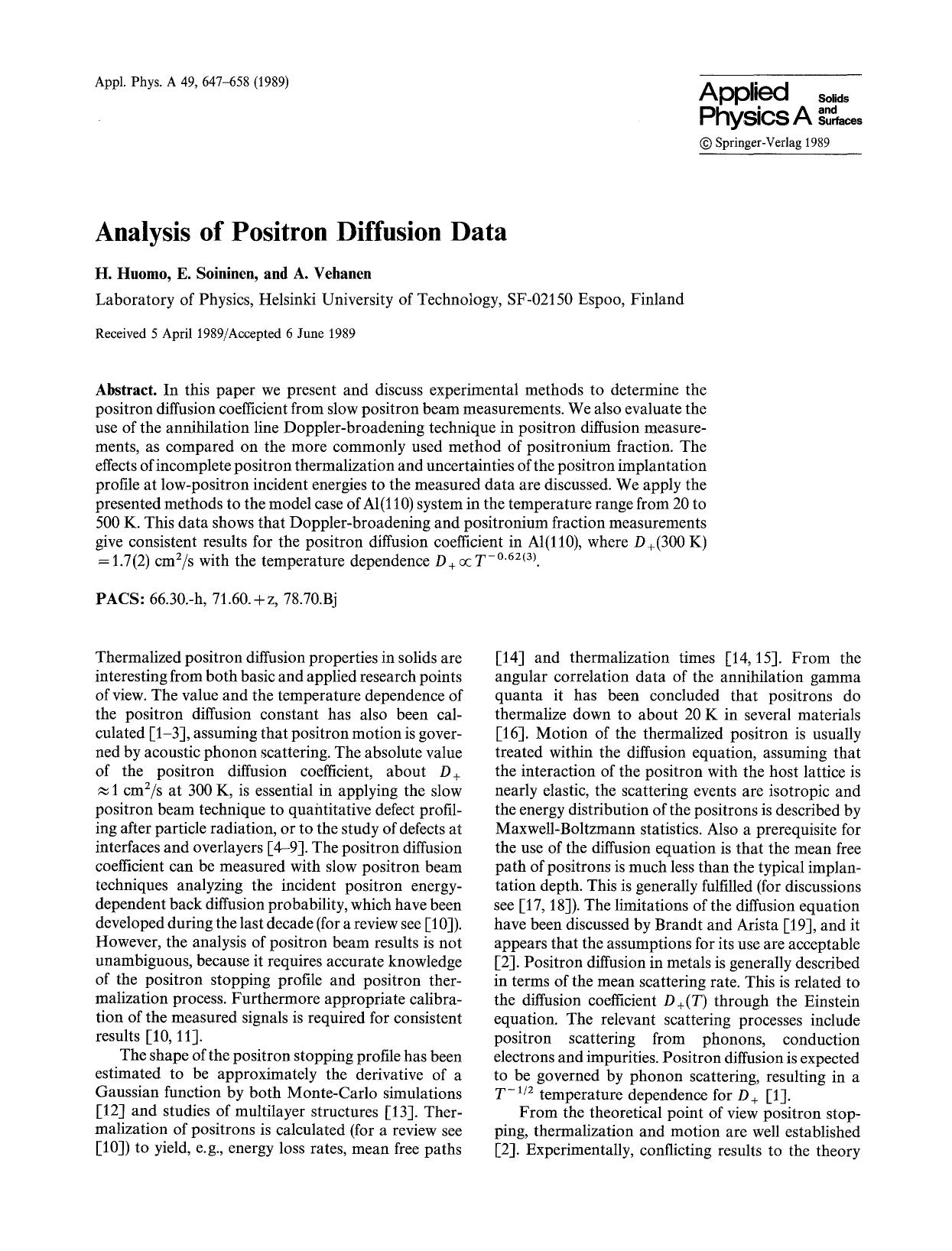 Analysis of positron diffusion data by Unknown