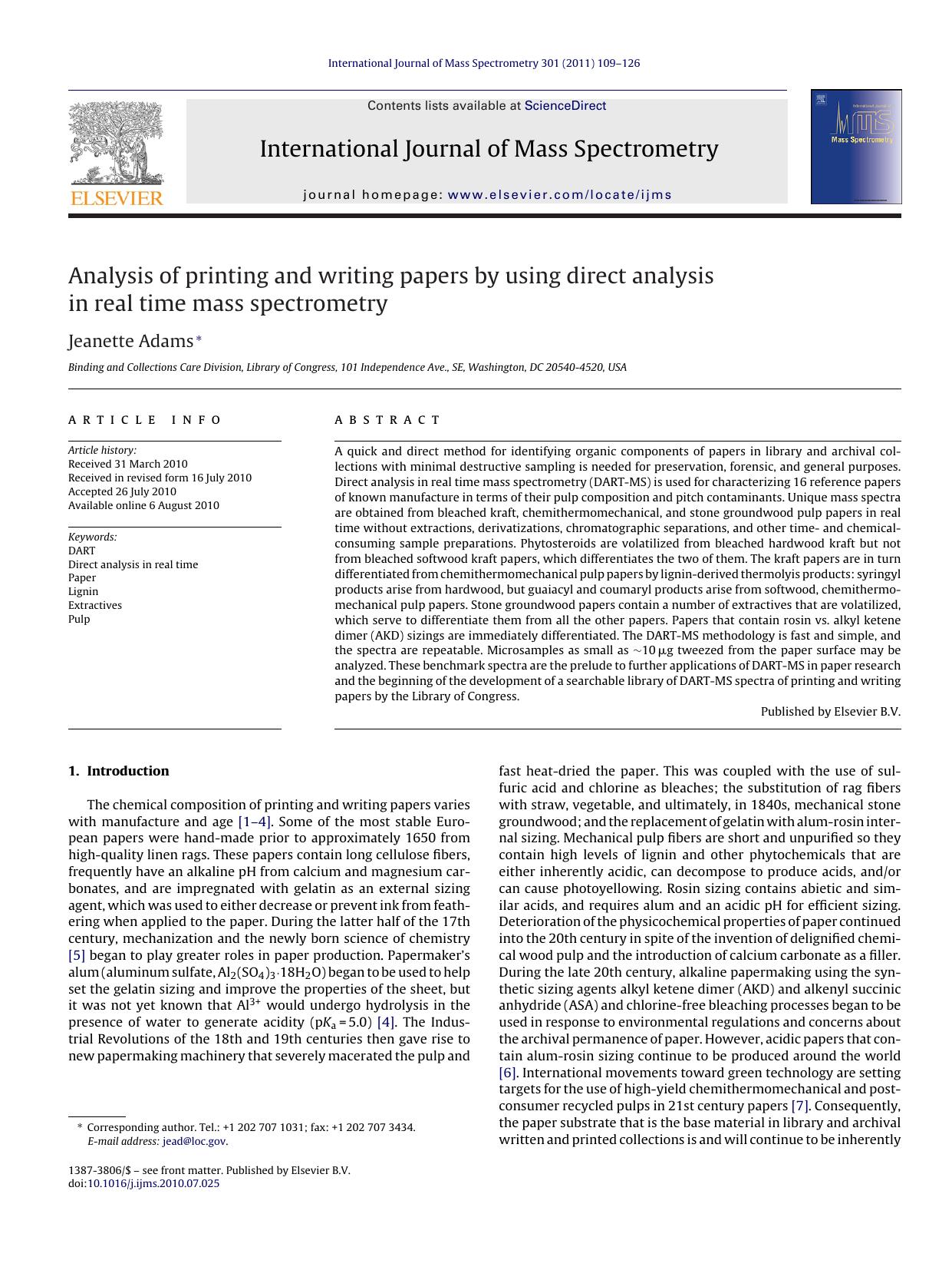 Analysis of printing and writing papers by using direct analysis in real time mass spectrometry by Jeanette Adams