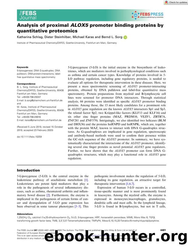 Analysis of proximal ALOX5 promoter binding proteins by quantitative proteomics by Unknown