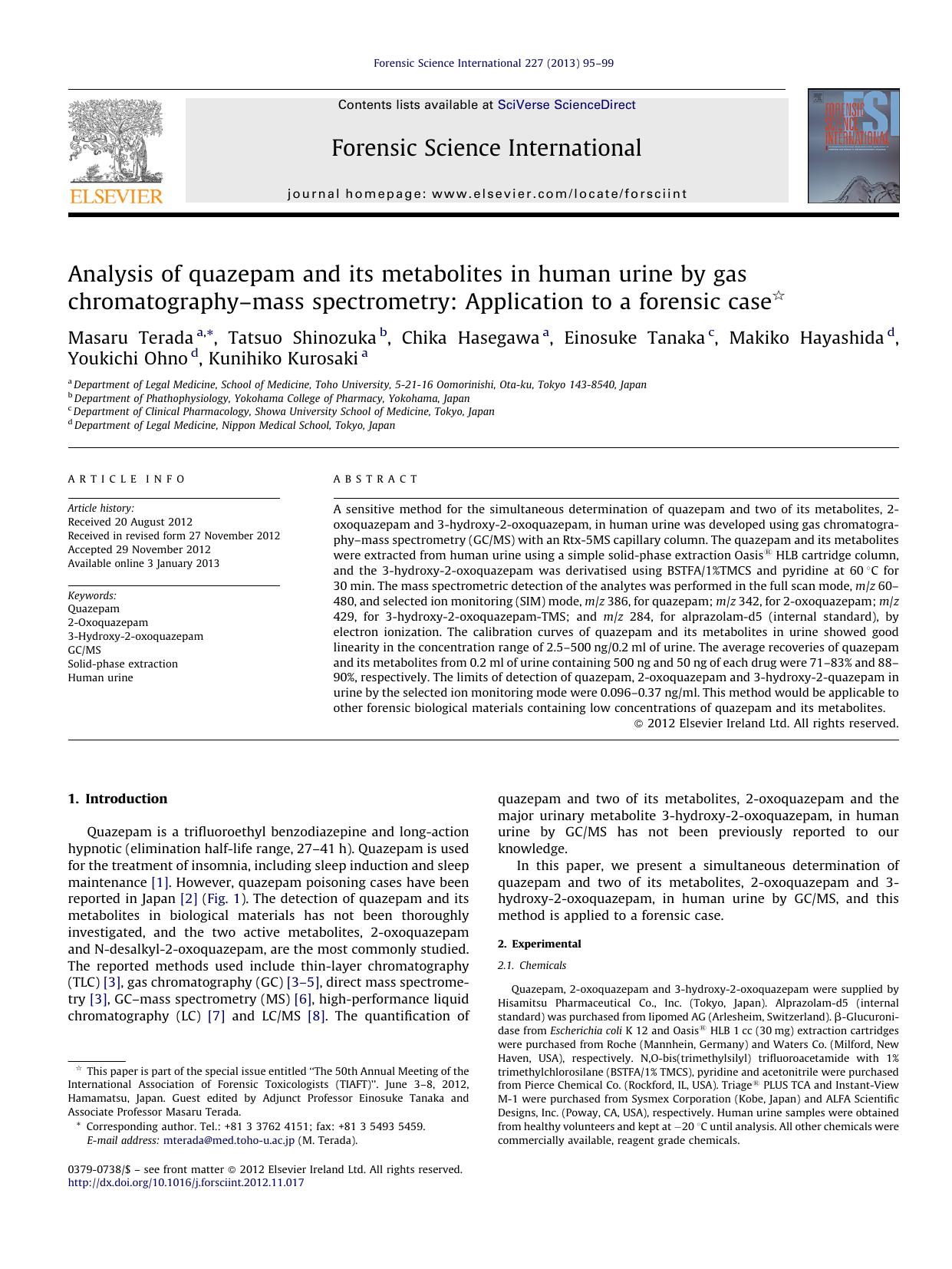 Analysis of quazepam and its metabolites in human urine by gas chromatographyâmass spectrometry: Application to a forensic case by Masaru Terada