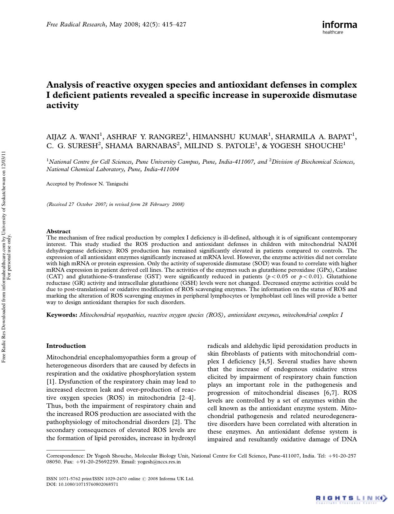 Analysis of reactive oxygen species and antioxidant defenses in complex I deficient patients revealed a specific increase in superoxide dismutase activity by unknow