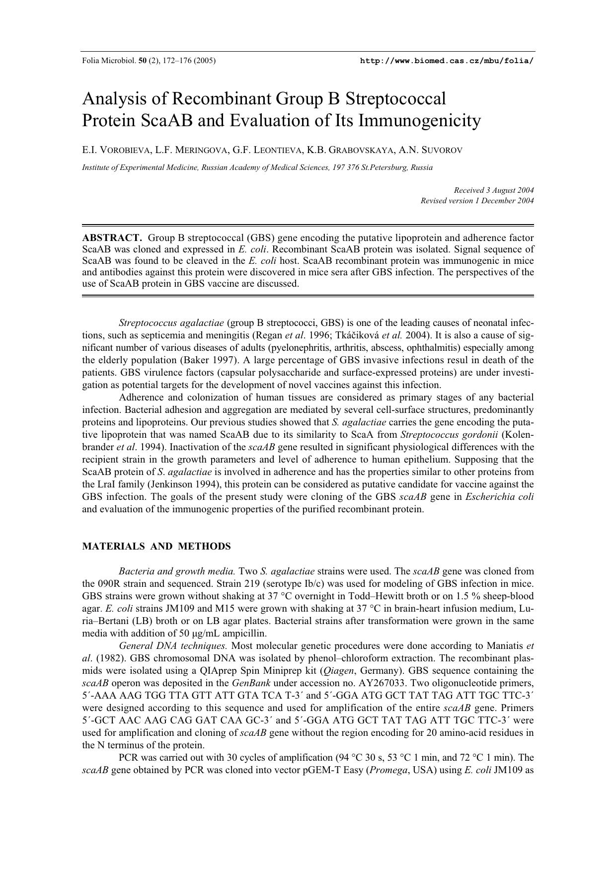 Analysis of recombinant group B streptococcal protein ScaAB and evaluation of its immunogenicity by Unknown