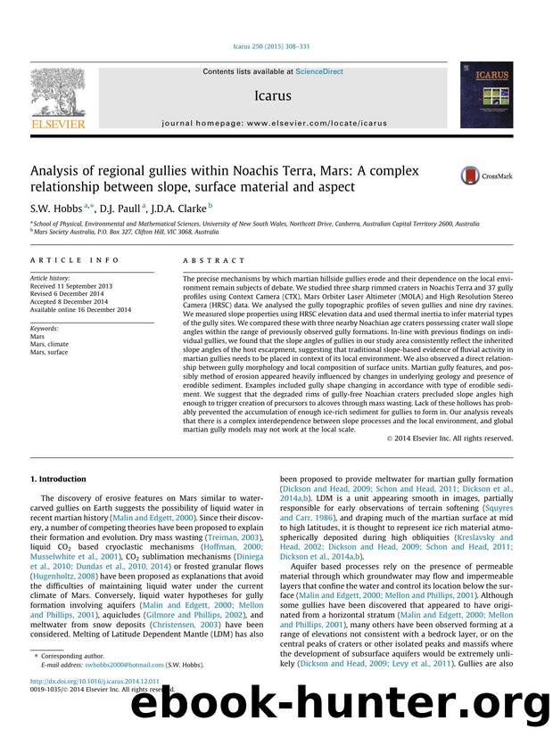 Analysis of regional gullies within Noachis Terra, Mars: A complex relationship between slope, surface material and aspect by S.W. Hobbs & D.J. Paull & J.D.A. Clarke