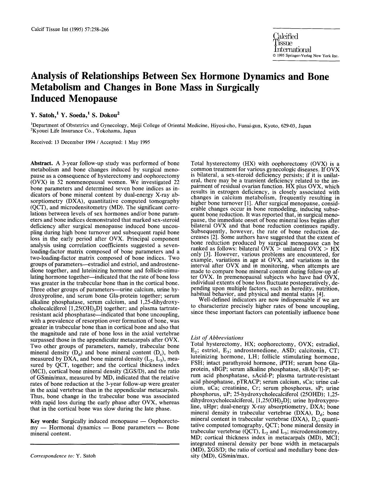 Analysis of relationships between sex hormone dynamics and bone metabolism and changes in bone mass in surgically induced menopause by Unknown