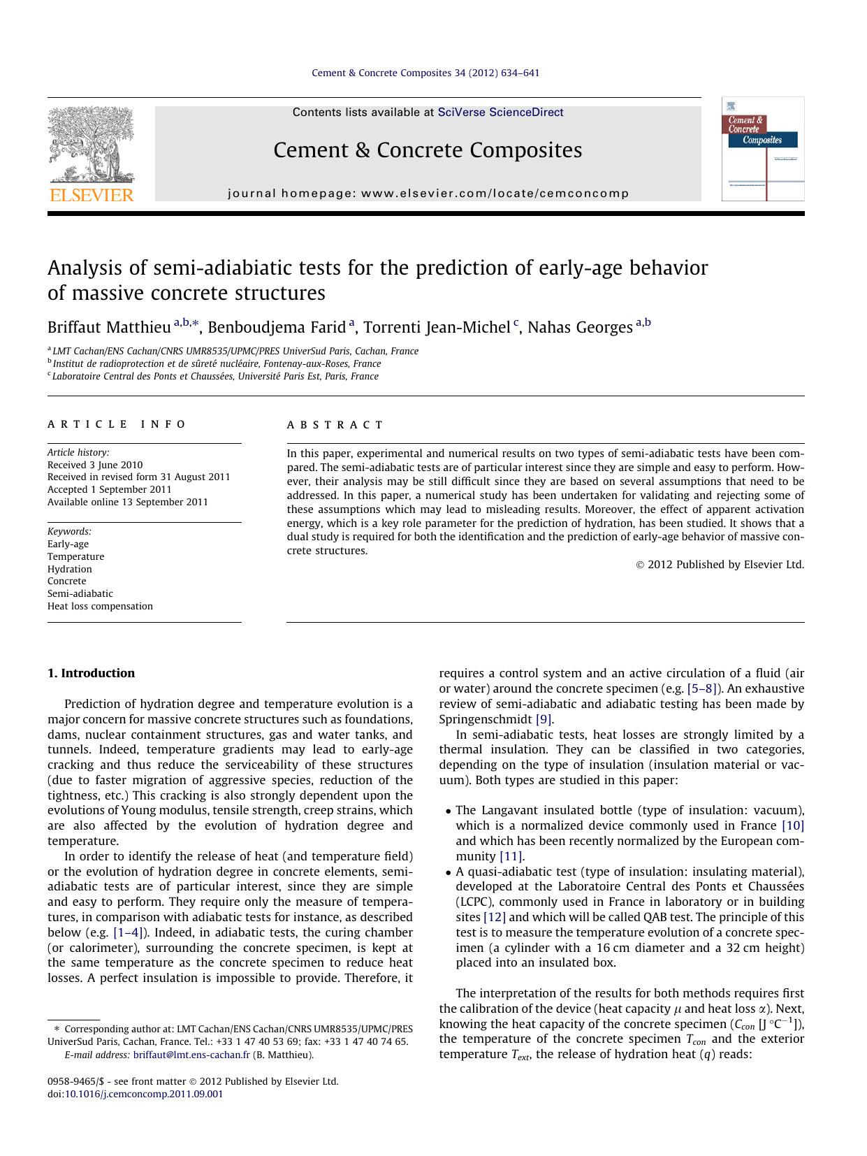 Analysis of semi-adiabiatic tests for the prediction of early-age behavior of massive concrete structures by Briffaut Matthieu & Benboudjema Farid & Torrenti Jean-Michel & Nahas Georges