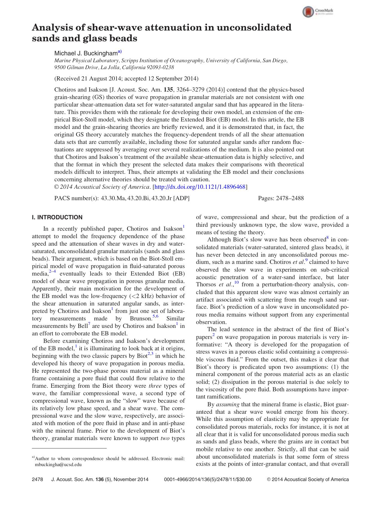 Analysis of shear-wave attenuation in unconsolidated sands and glass beads by Michael J. Buckingham