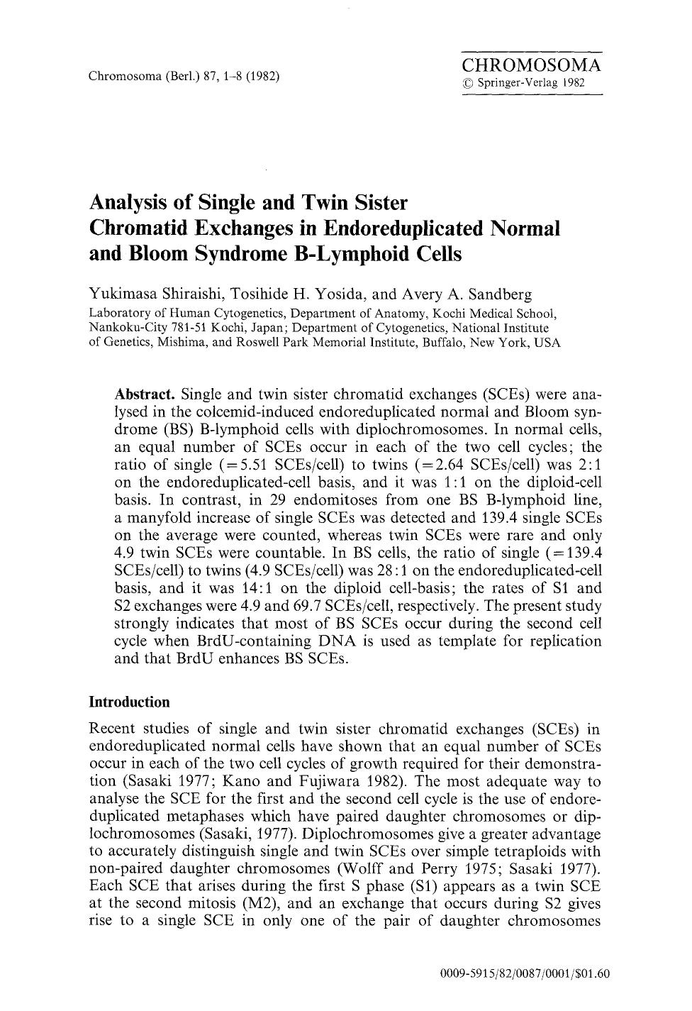 Analysis of single and twin sister chromatid exchanges in endoreduplicated normal and bloom syndrome B-lymphoid cells by Unknown