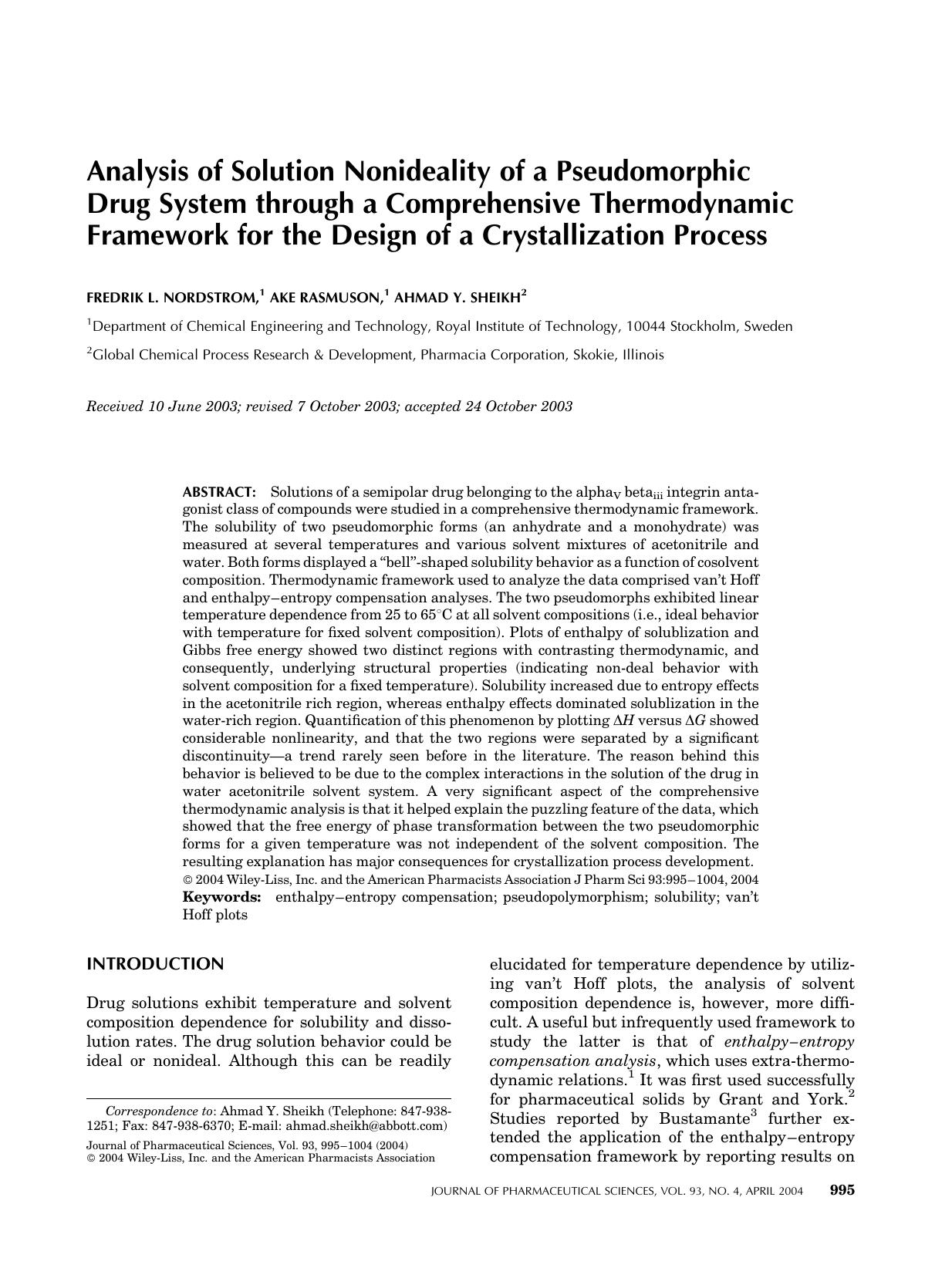 Analysis of solution nonideality of a pseudomorphic drug system through a comprehensive thermodynamic framework for the design of a crystallization process by Unknown