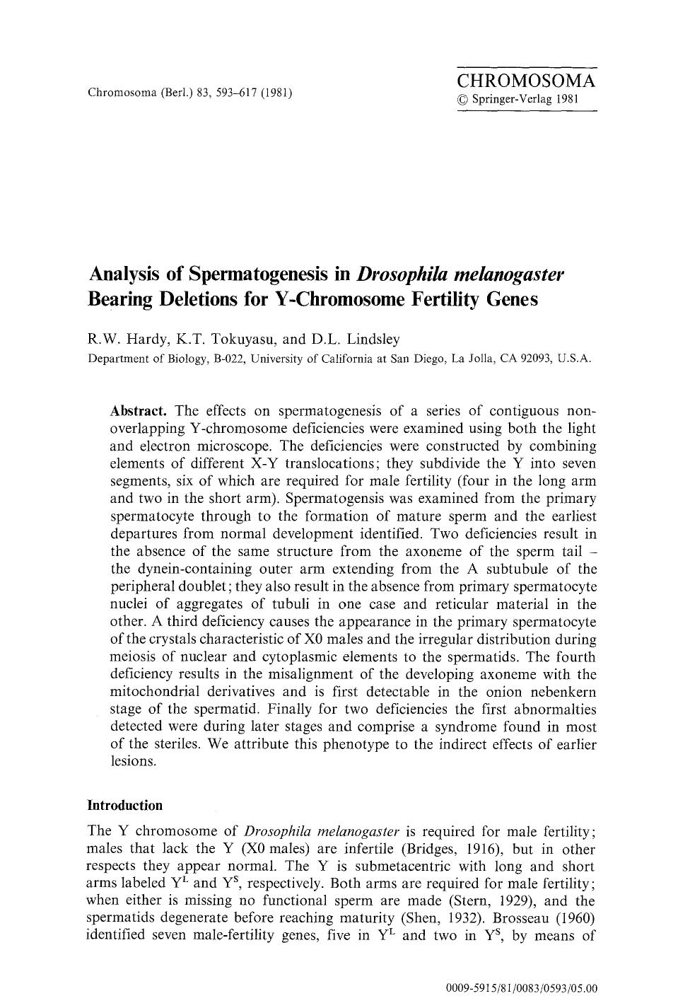 Analysis of spermatogenesis in <Emphasis Type="Italic">Drosophila melanogaster<Emphasis> bearing deletions for Y-chromosome fertility genes by Unknown