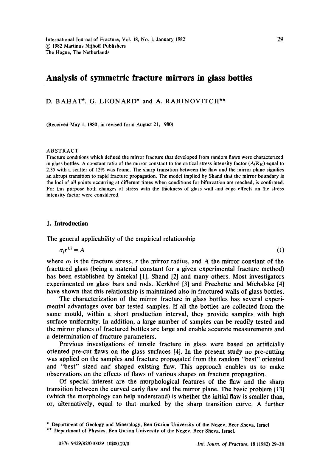 Analysis of symmetric fracture mirrors in glass bottles by Unknown