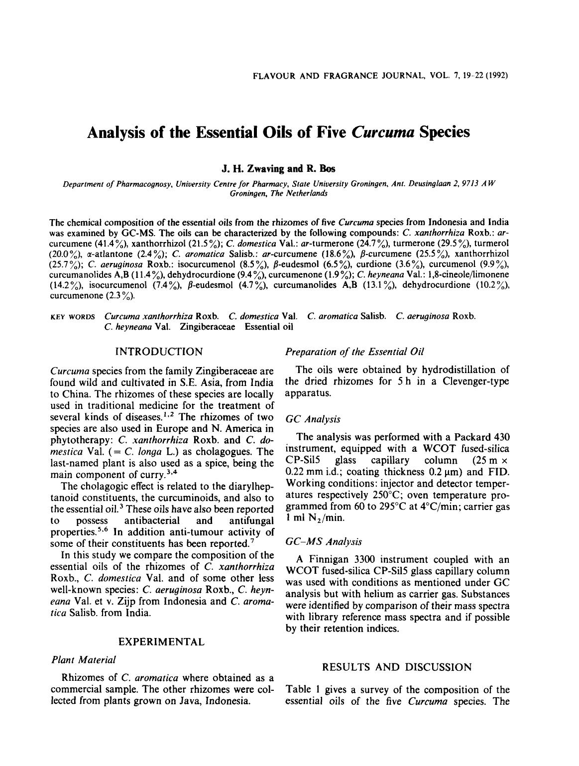 Analysis of the Essential Oils of Five Curcuma Species by Unknown