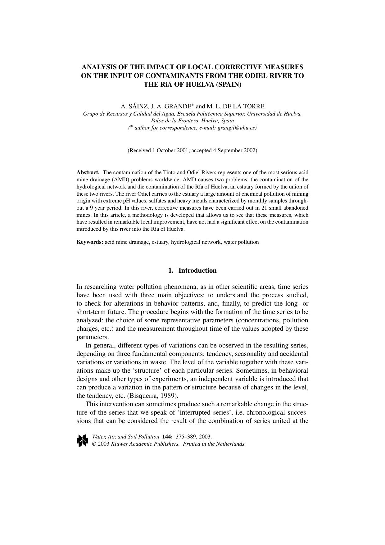 Analysis of the Impact of Local Corrective Measures on the Input of Contaminants from the Odiel River to the R&#x00ED;a of Huelva (Spain) by Unknown