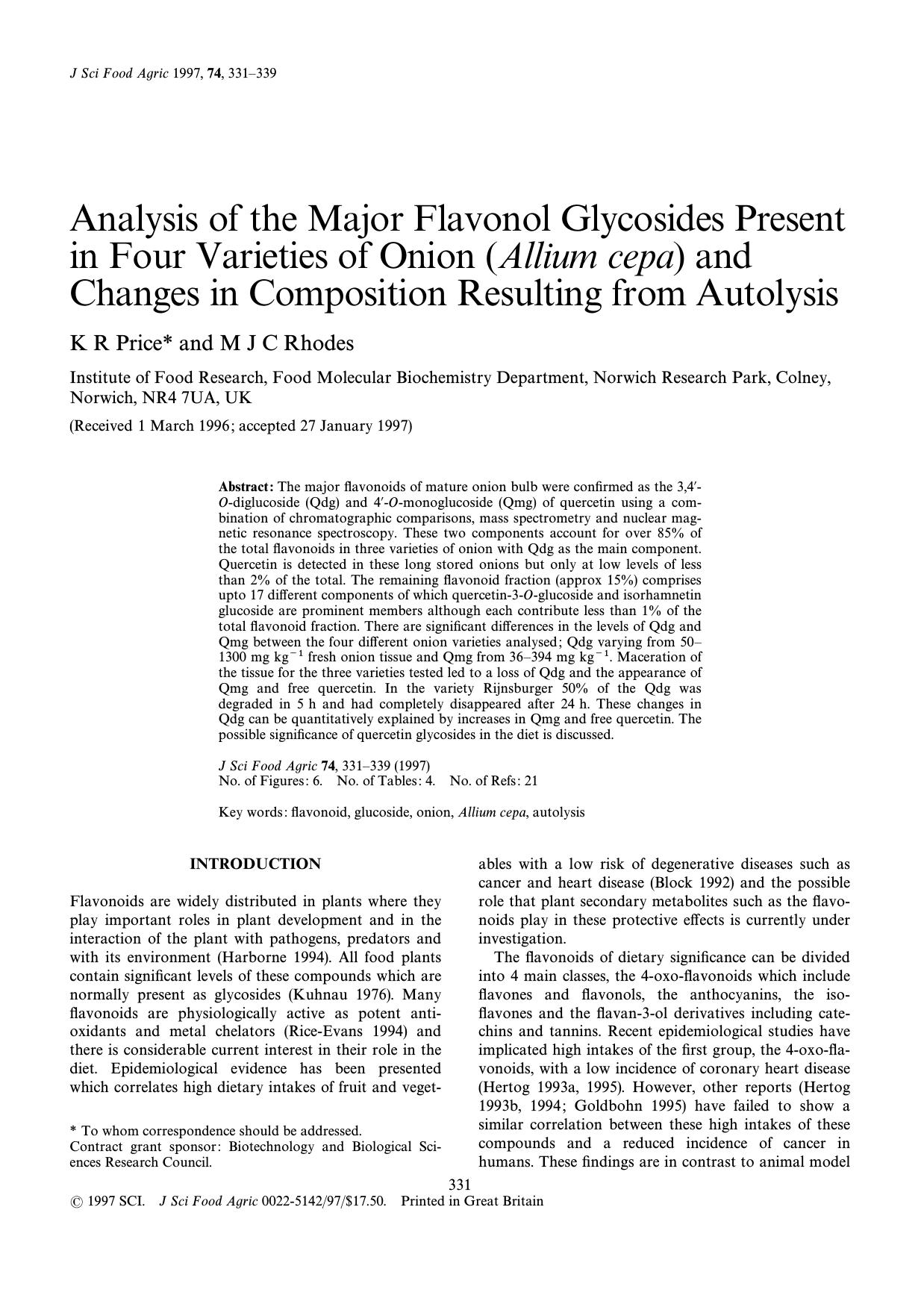 Analysis of the Major Flavonol Glycosides Present in Four Varieties of Onion (Allium cepa) and Changes in Composition Resulting from Autolysis by Unknown